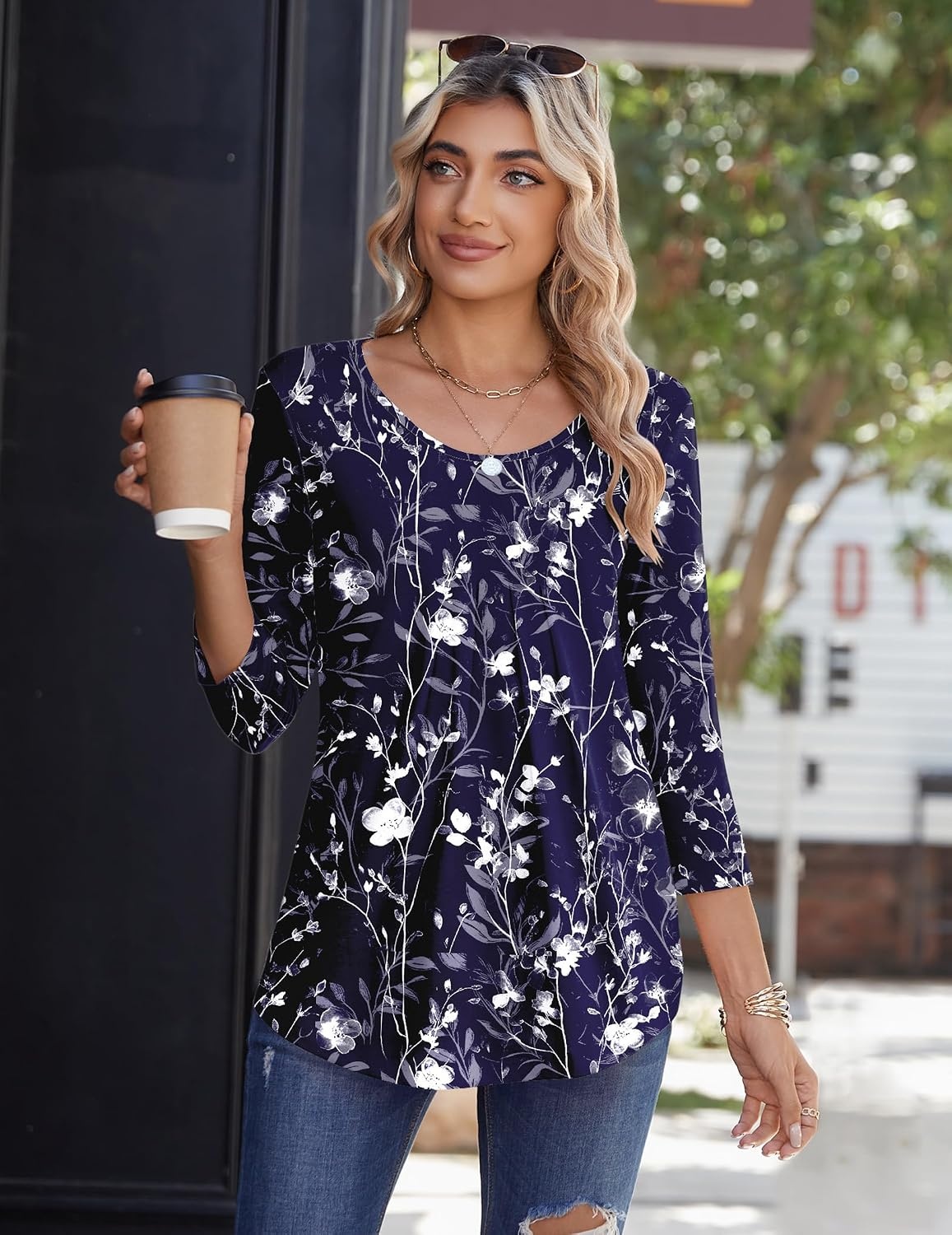 image:imageZeagoo 34 Sleeve Tops for Women Crew Neck Blouses Pleated Casual Shirts Fall Work Clothes 2026Navy White Floral