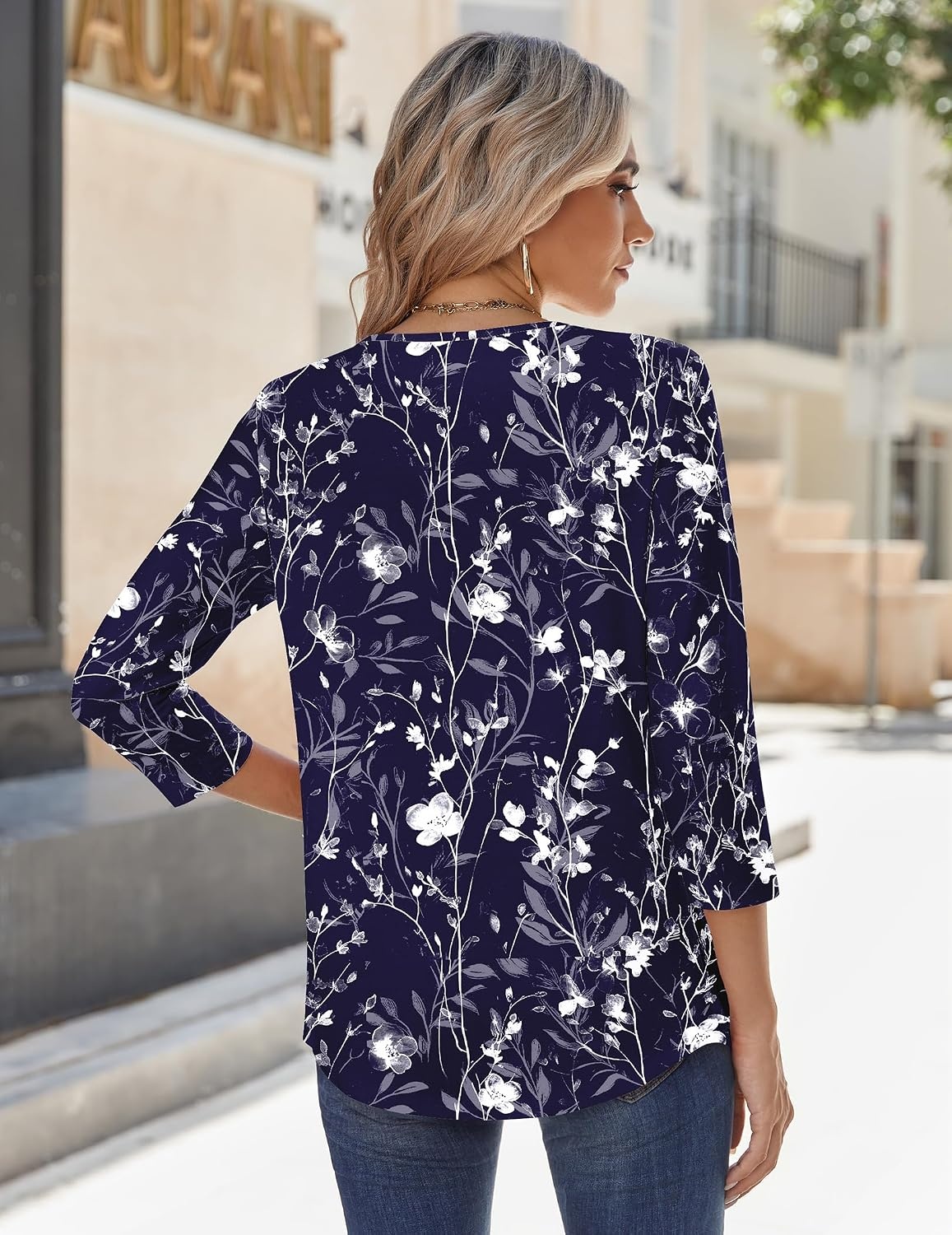 image:imageZeagoo 34 Sleeve Tops for Women Crew Neck Blouses Pleated Casual Shirts Fall Work Clothes 2026Navy White Floral