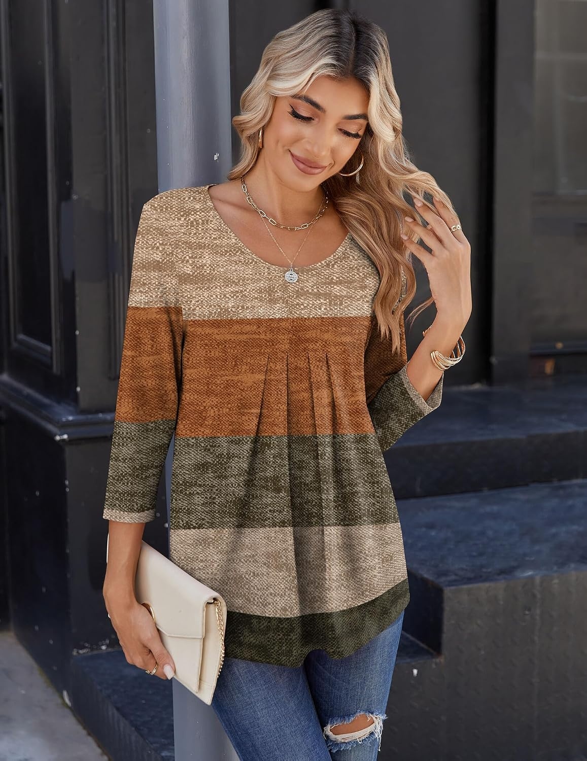 image:imageZeagoo 34 Sleeve Tops for Women Crew Neck Blouses Pleated Casual Shirts Fall Work Clothes 2026Stripe Brown