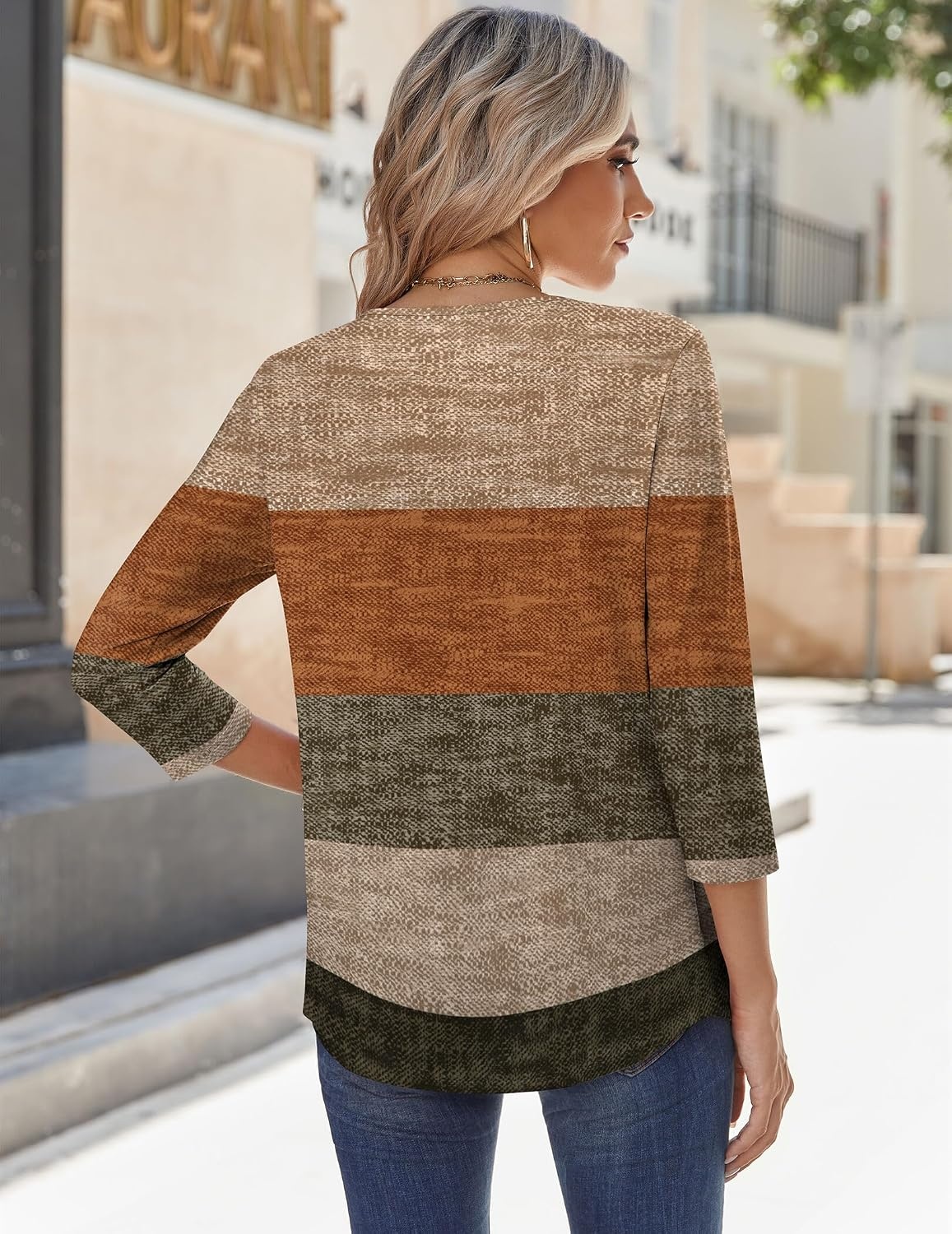 image:imageZeagoo 34 Sleeve Tops for Women Crew Neck Blouses Pleated Casual Shirts Fall Work Clothes 2026Stripe Brown