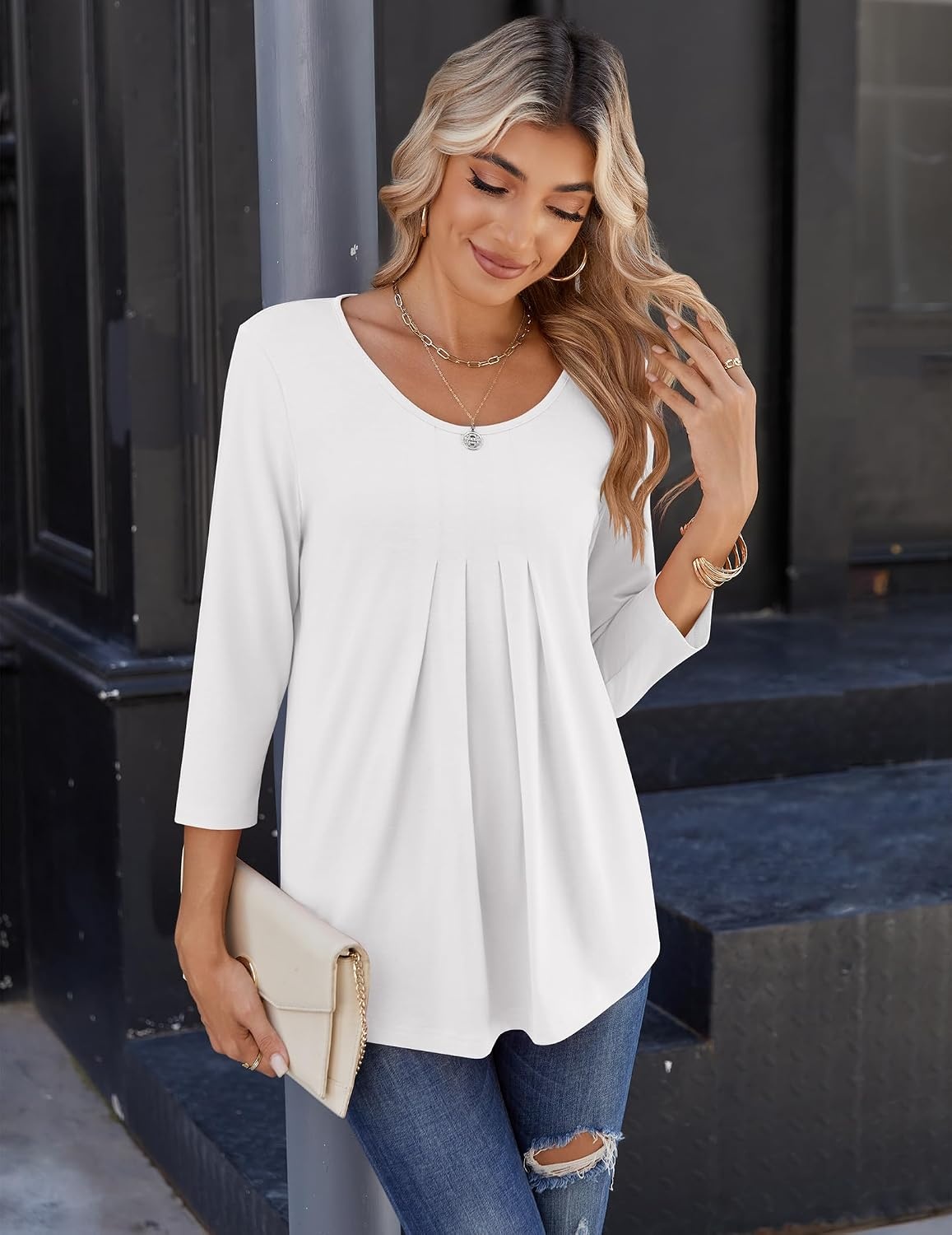 image:imageZeagoo 34 Sleeve Tops for Women Crew Neck Blouses Pleated Casual Shirts Fall Work Clothes 2026White