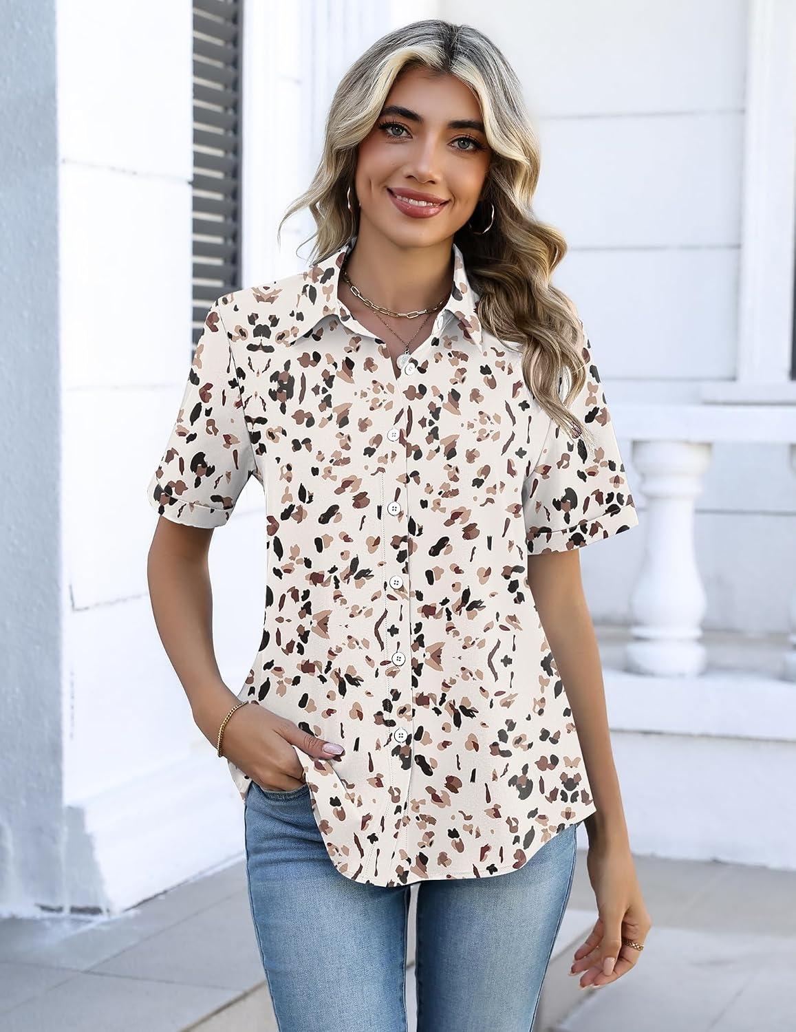 image:imageZeagoo Button Down Shirts for Women Short Sleeve Tops Dressy Casual BlousesAn443apricot
