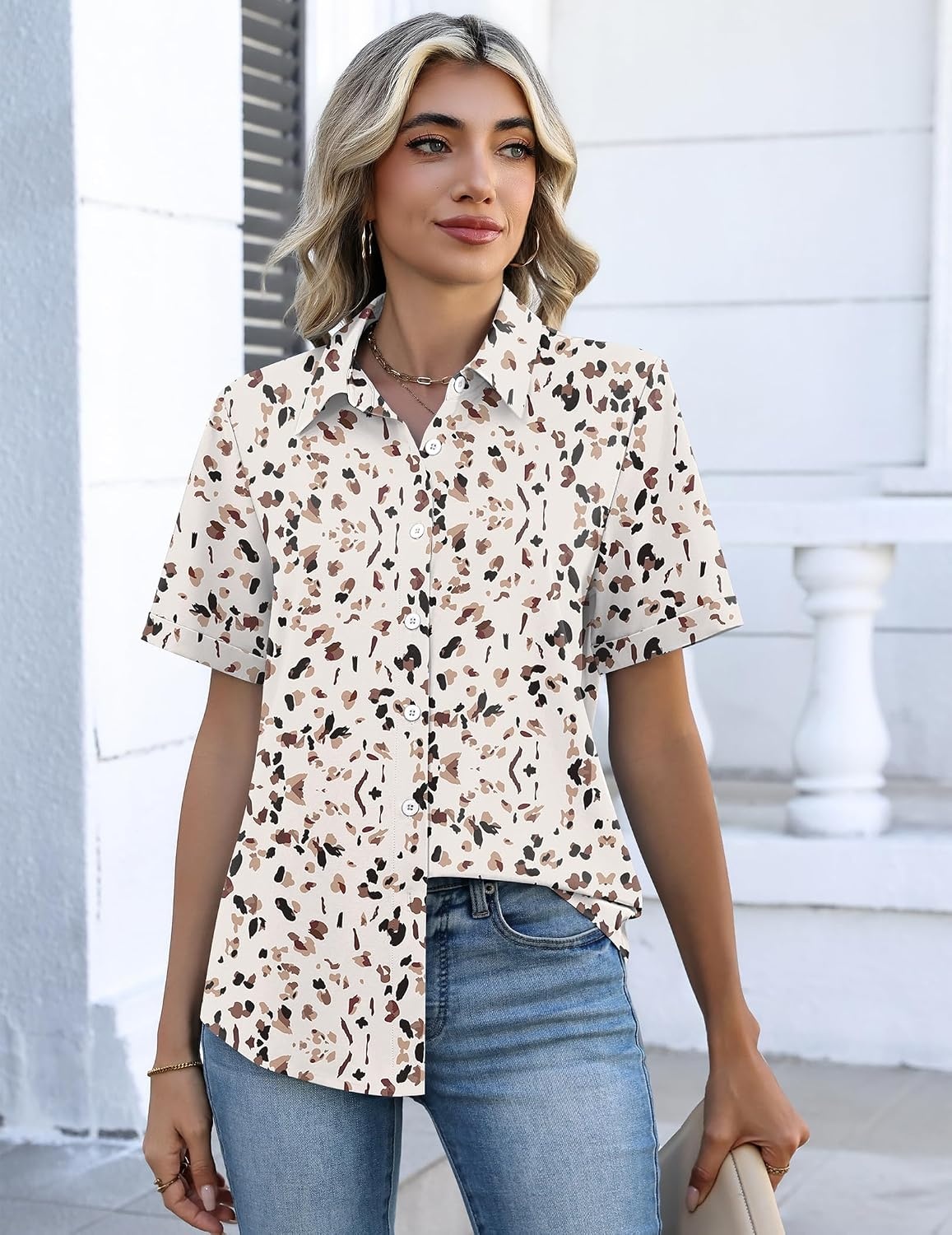 image:imageZeagoo Button Down Shirts for Women Short Sleeve Tops Dressy Casual BlousesAn443apricot