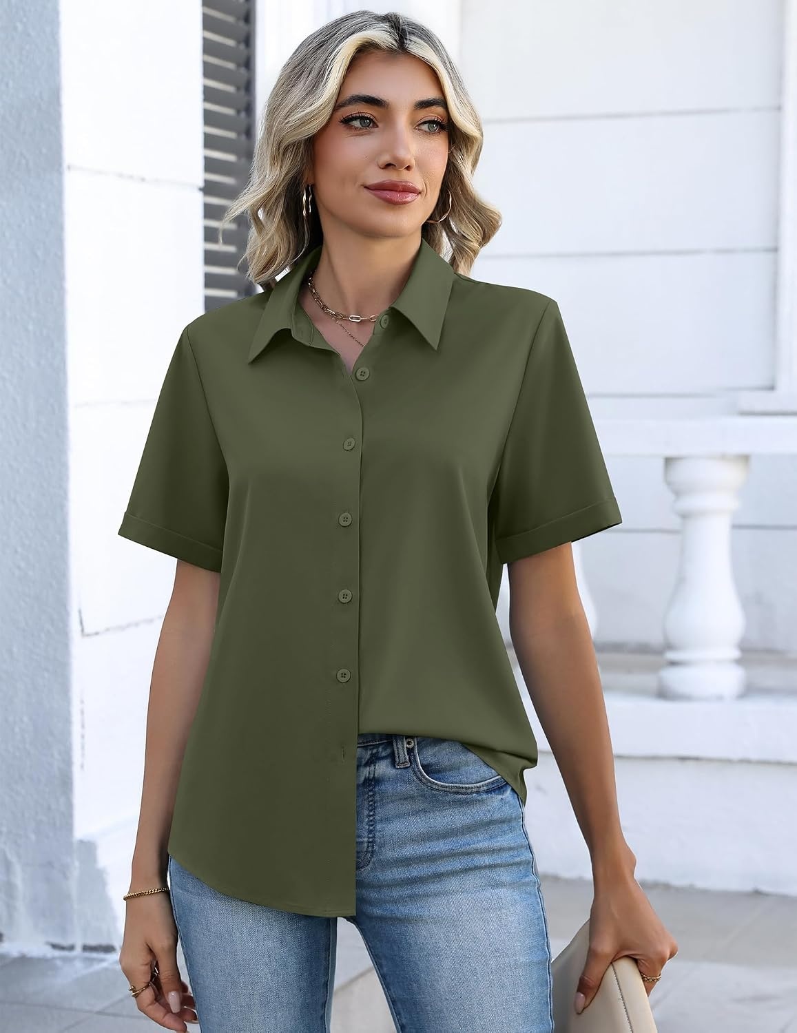 image:imageZeagoo Button Down Shirts for Women Short Sleeve Tops Dressy Casual BlousesArmy Green