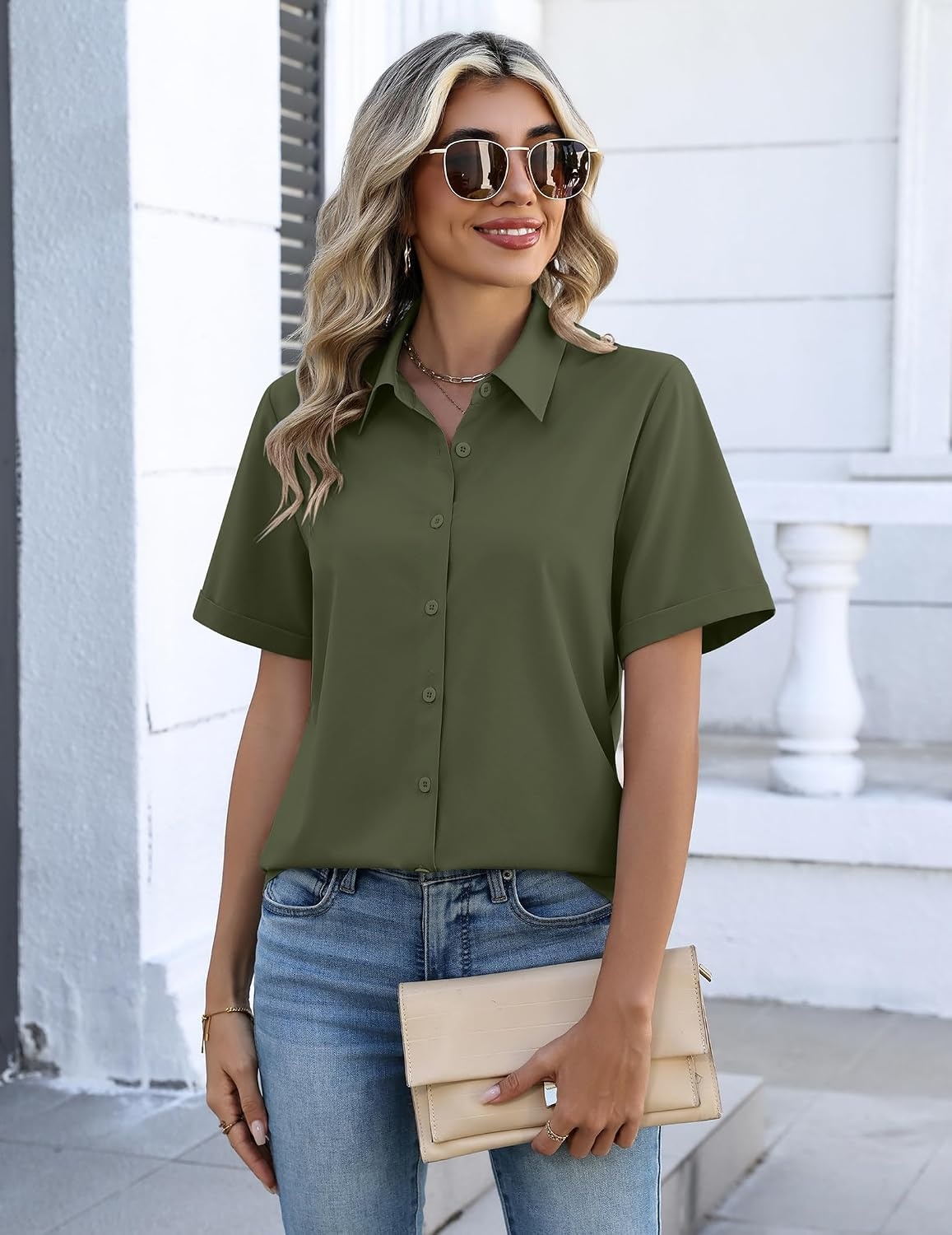 image:imageZeagoo Button Down Shirts for Women Short Sleeve Tops Dressy Casual BlousesArmy Green