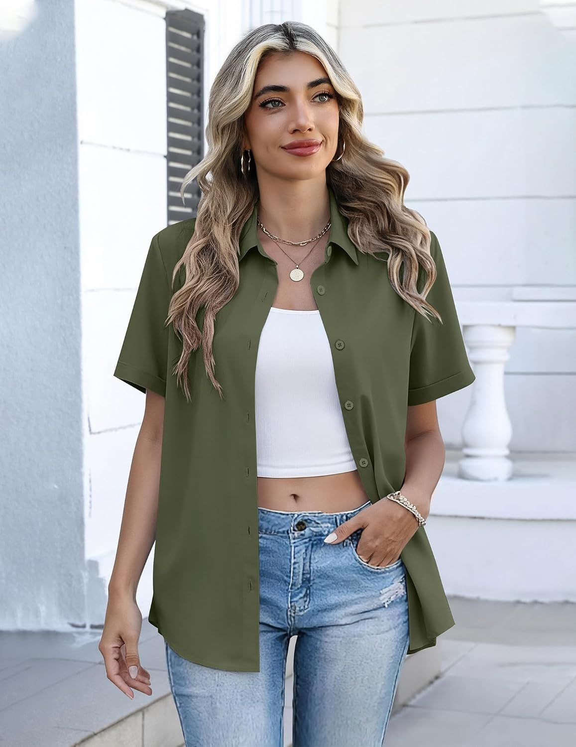 image:imageZeagoo Button Down Shirts for Women Short Sleeve Tops Dressy Casual BlousesArmy Green