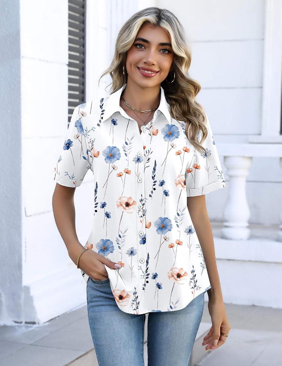 image:imageZeagoo Button Down Shirts for Women Short Sleeve Tops Dressy Casual BlousesBf290white Flowers