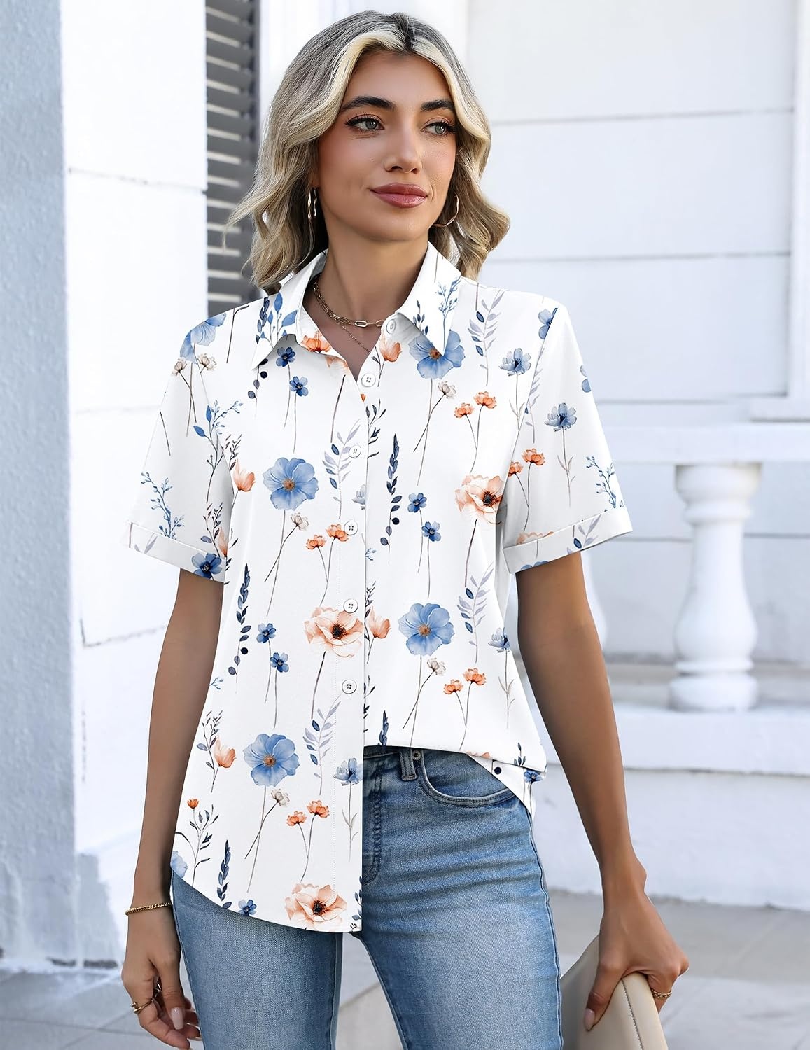 image:imageZeagoo Button Down Shirts for Women Short Sleeve Tops Dressy Casual BlousesBf290white Flowers