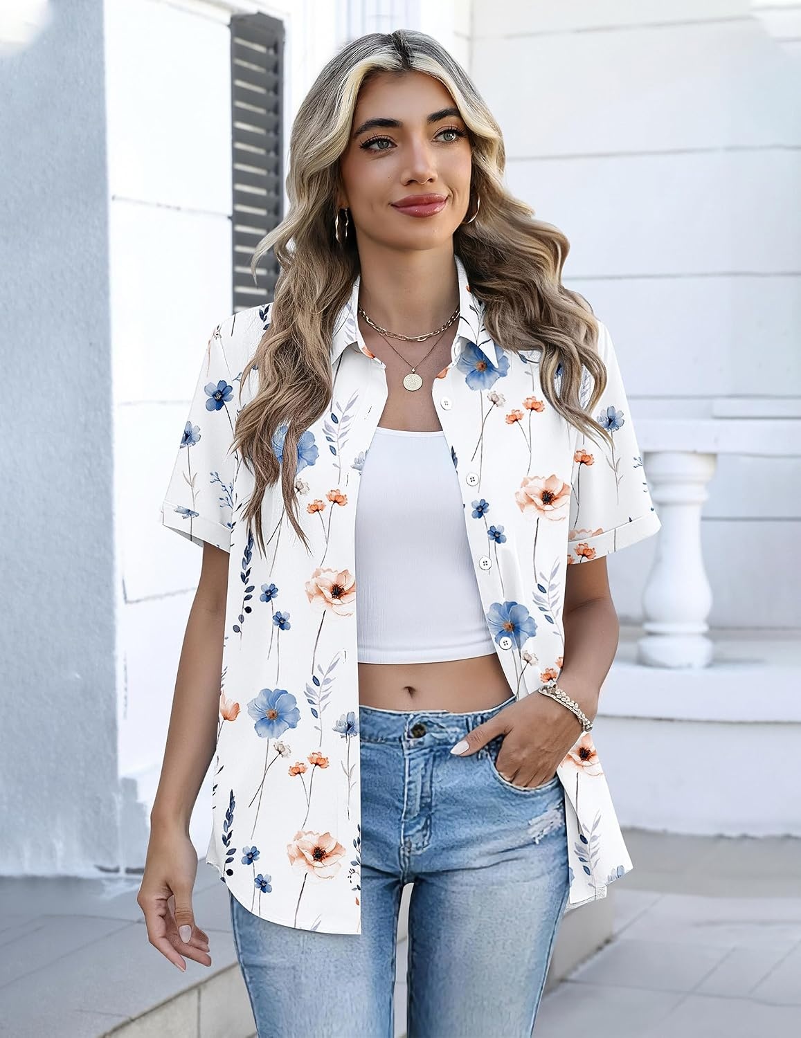 image:imageZeagoo Button Down Shirts for Women Short Sleeve Tops Dressy Casual BlousesBf290white Flowers