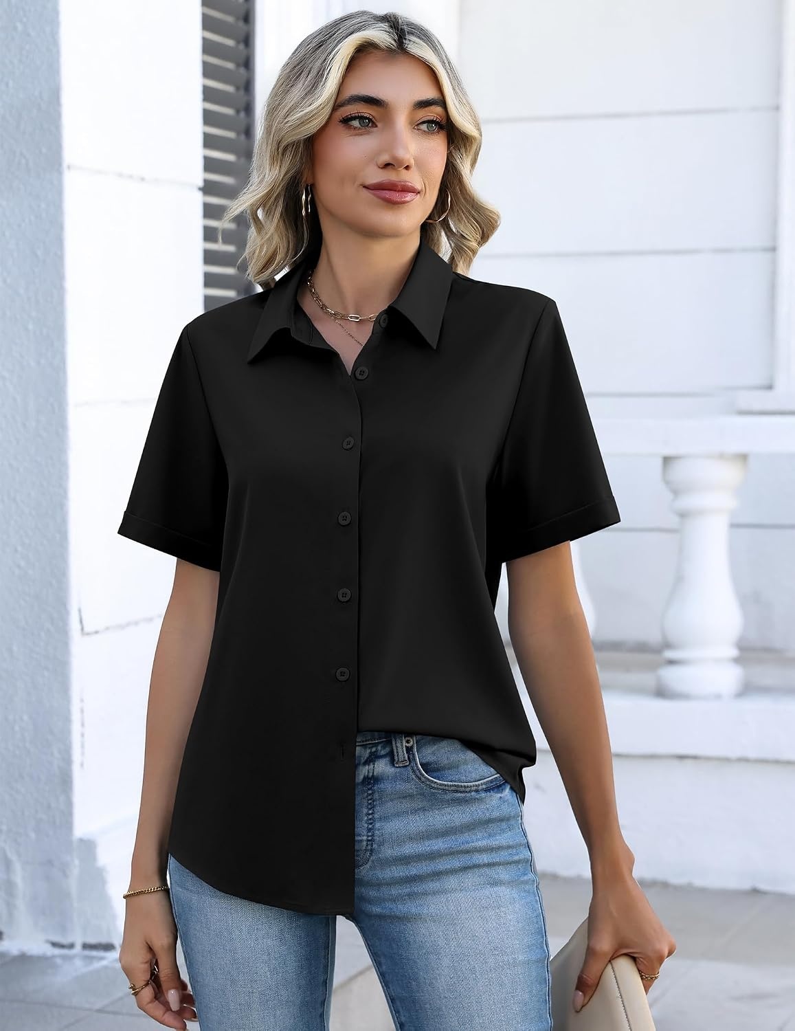 image:imageZeagoo Button Down Shirts for Women Short Sleeve Tops Dressy Casual BlousesBlack