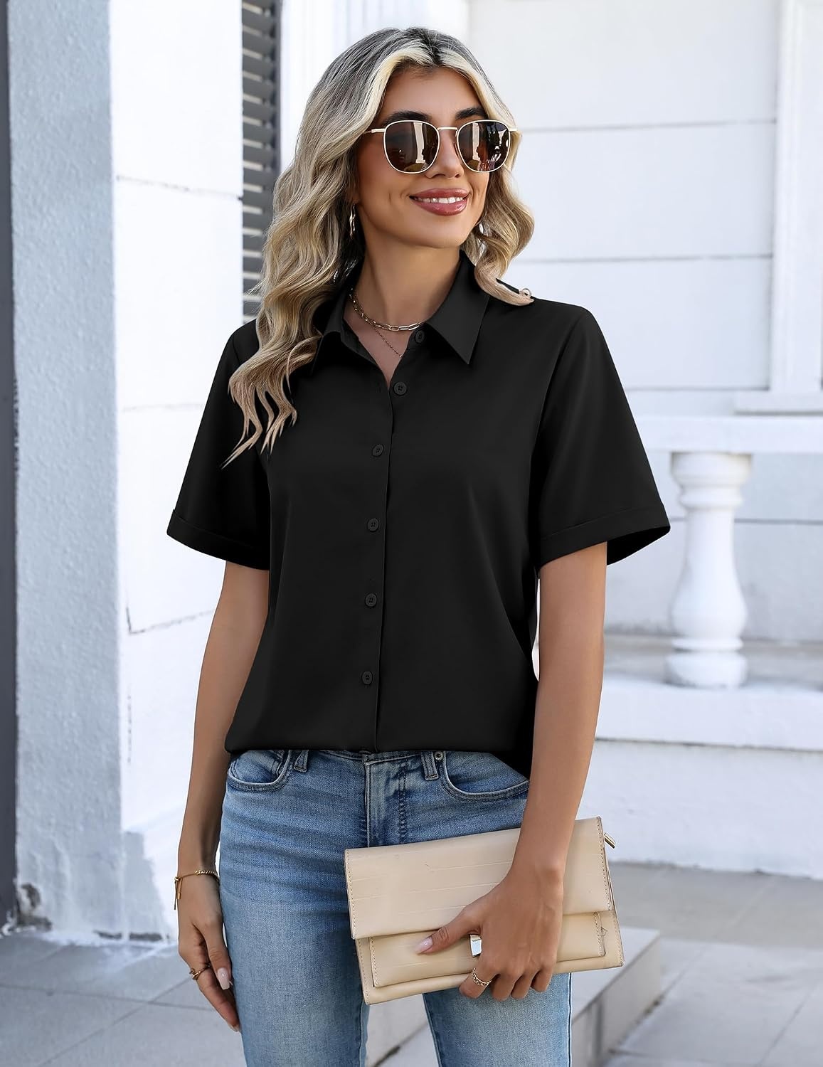 image:imageZeagoo Button Down Shirts for Women Short Sleeve Tops Dressy Casual BlousesBlack