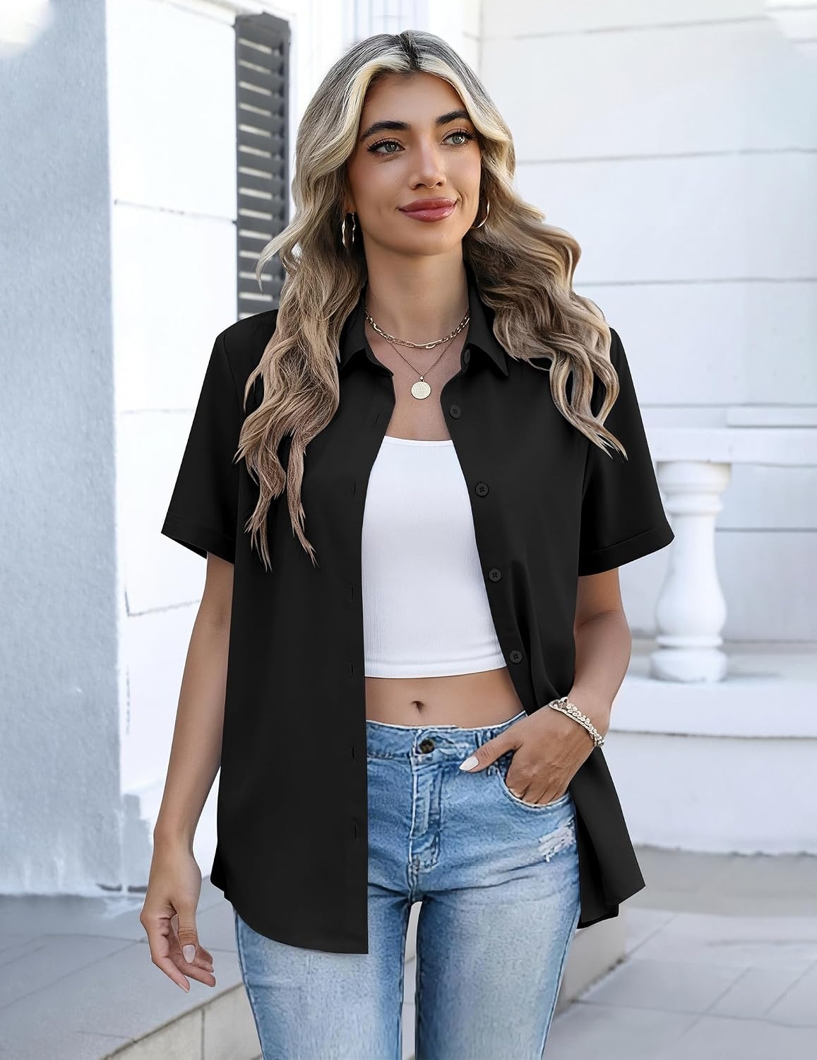 image:imageZeagoo Button Down Shirts for Women Short Sleeve Tops Dressy Casual BlousesBlack