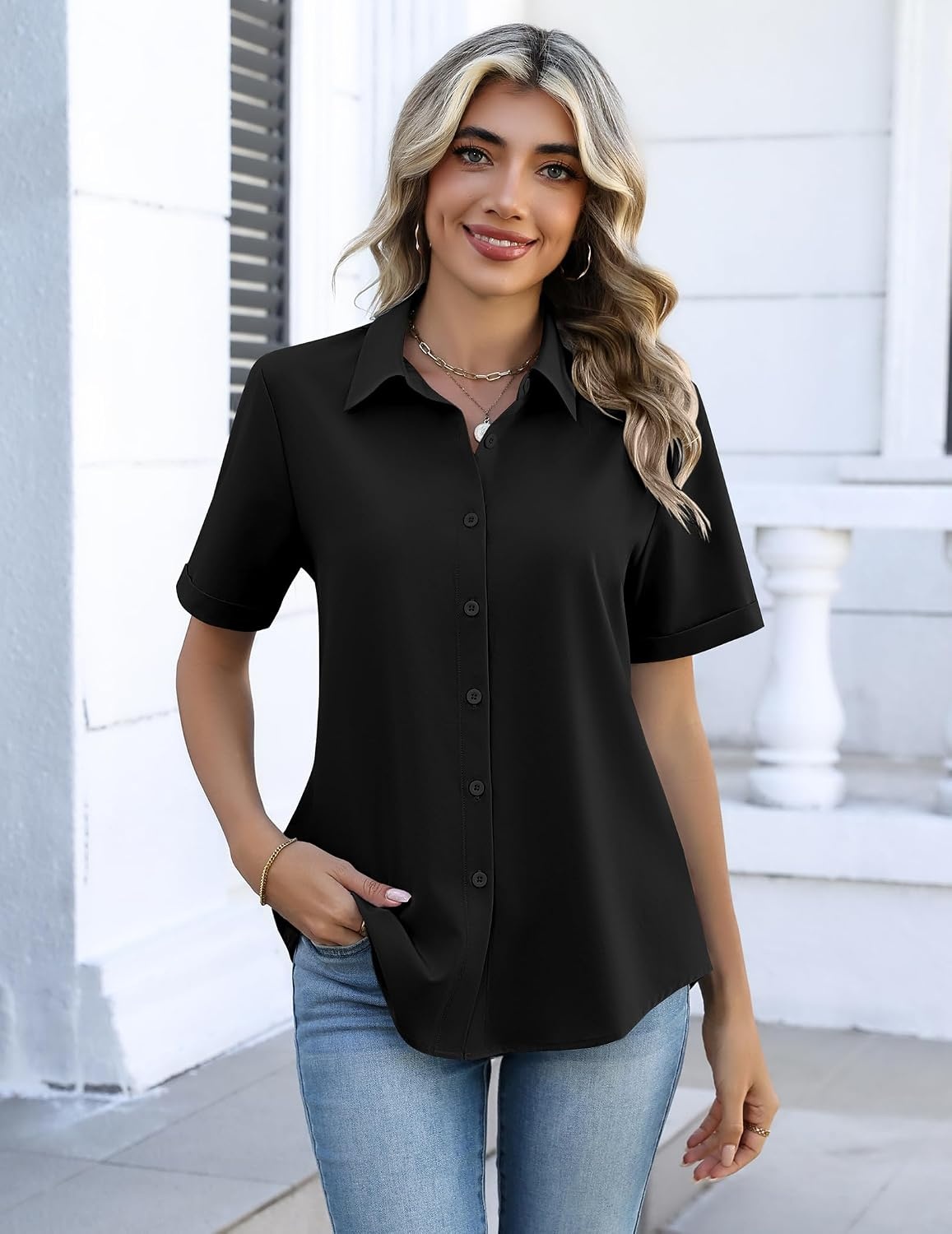 image:imageZeagoo Button Down Shirts for Women Short Sleeve Tops Dressy Casual BlousesBlack