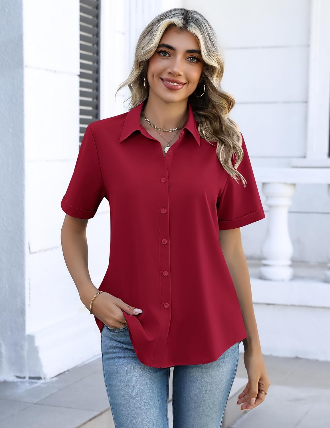 image:imageZeagoo Button Down Shirts for Women Short Sleeve Tops Dressy Casual BlousesBurgundy
