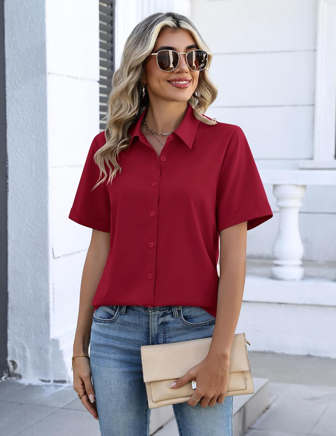 image:imageZeagoo Button Down Shirts for Women Short Sleeve Tops Dressy Casual BlousesBurgundy