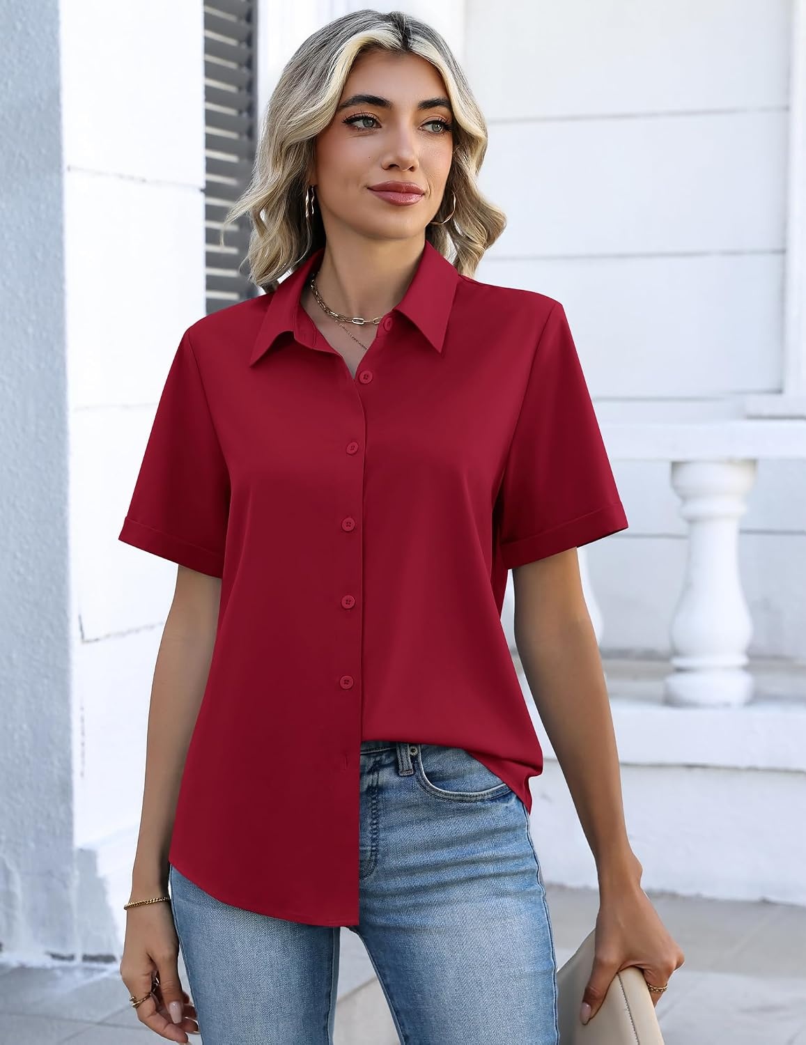image:imageZeagoo Button Down Shirts for Women Short Sleeve Tops Dressy Casual BlousesBurgundy