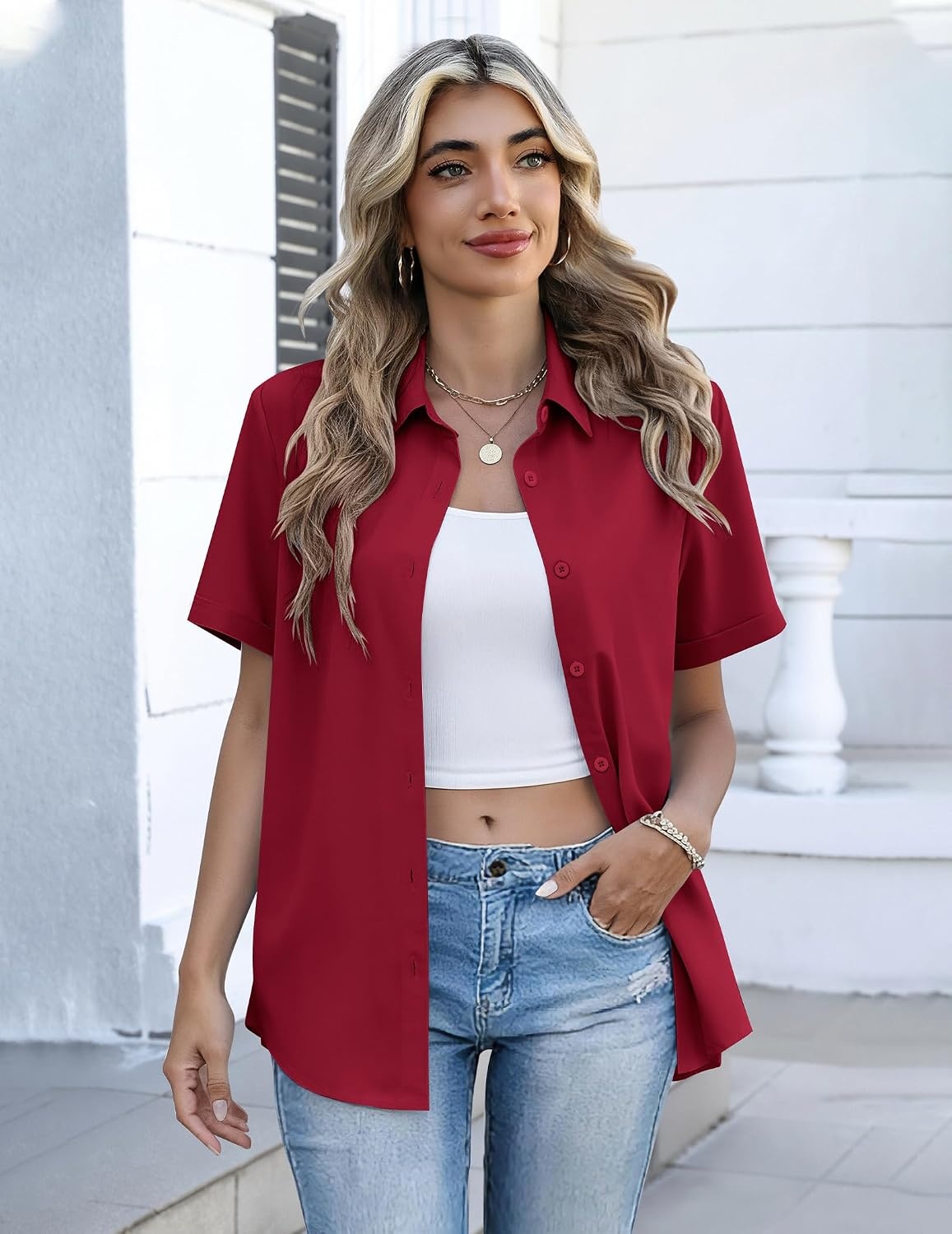 image:imageZeagoo Button Down Shirts for Women Short Sleeve Tops Dressy Casual BlousesBurgundy