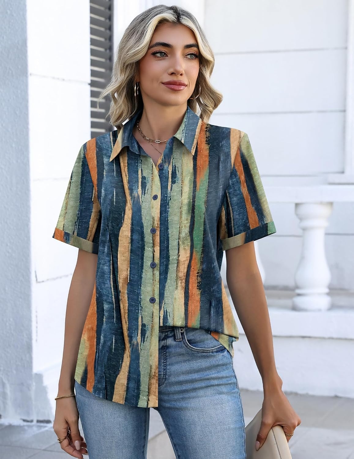 image:imageZeagoo Button Down Shirts for Women Short Sleeve Tops Dressy Casual BlousesCx289multicolored