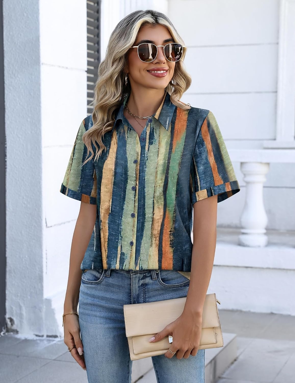 image:imageZeagoo Button Down Shirts for Women Short Sleeve Tops Dressy Casual BlousesCx289multicolored