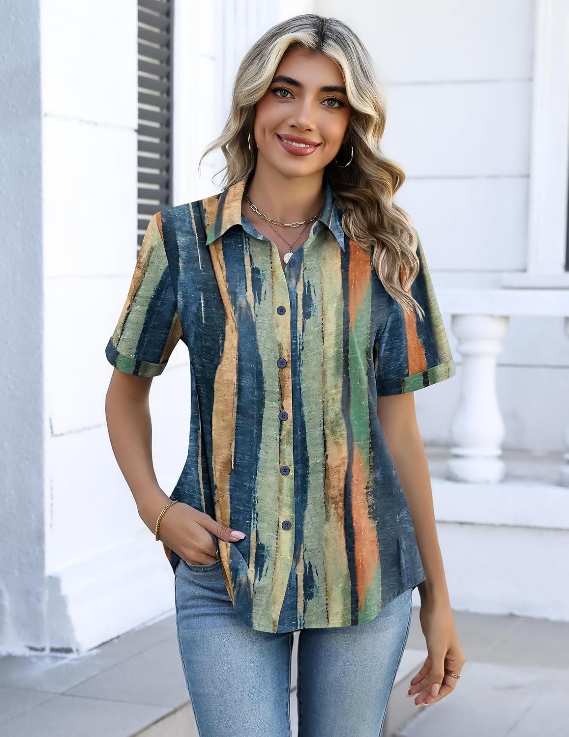 image:imageZeagoo Button Down Shirts for Women Short Sleeve Tops Dressy Casual BlousesCx289multicolored
