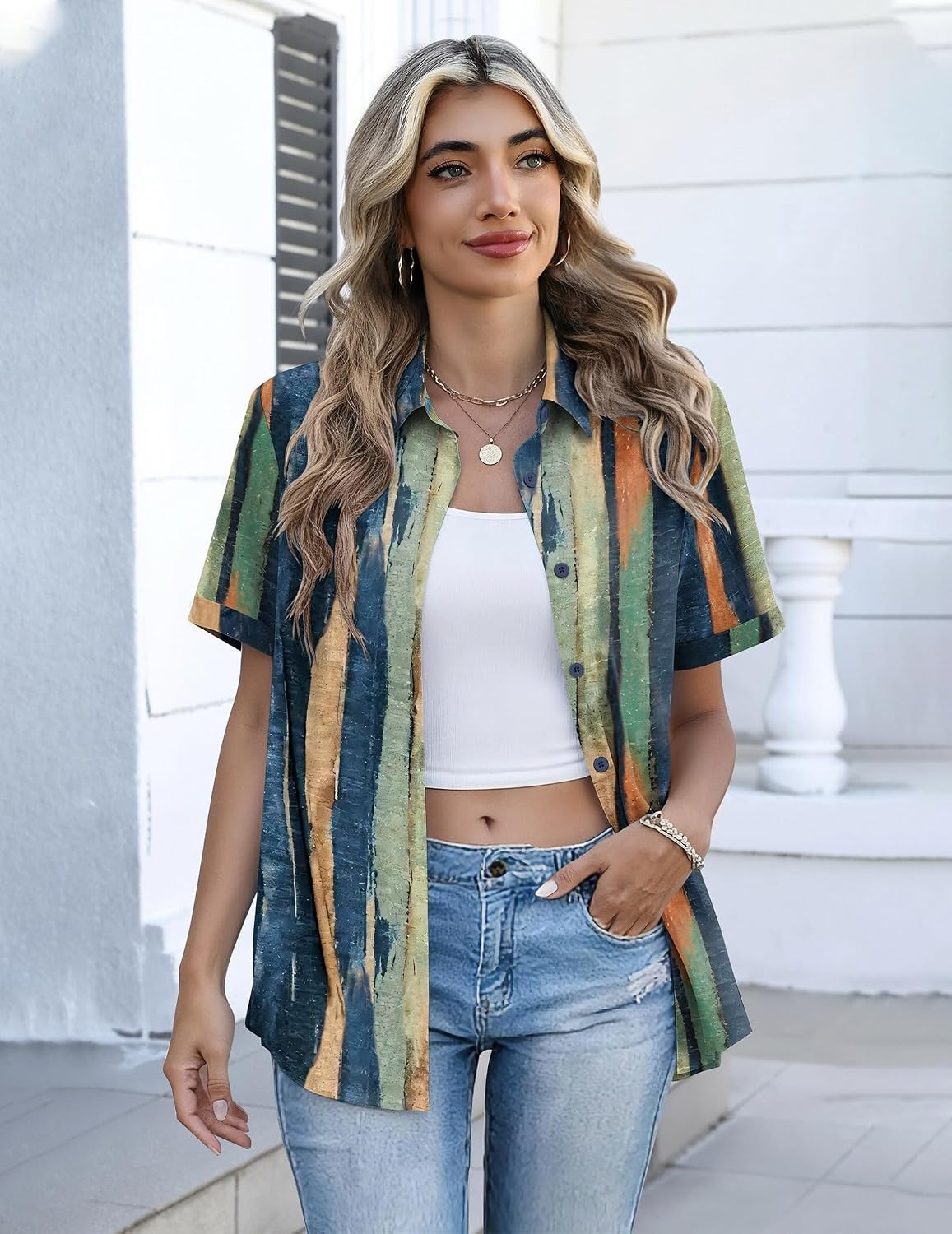 image:imageZeagoo Button Down Shirts for Women Short Sleeve Tops Dressy Casual BlousesCx289multicolored