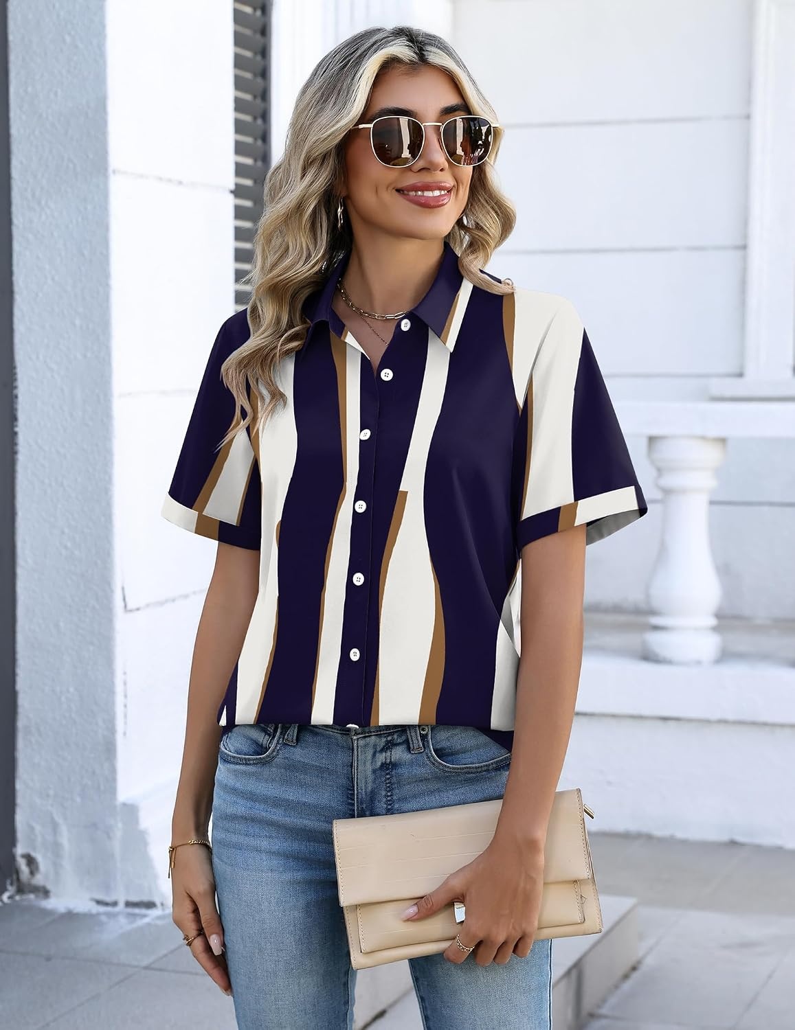 image:imageZeagoo Button Down Shirts for Women Short Sleeve Tops Dressy Casual BlousesCx327graphics