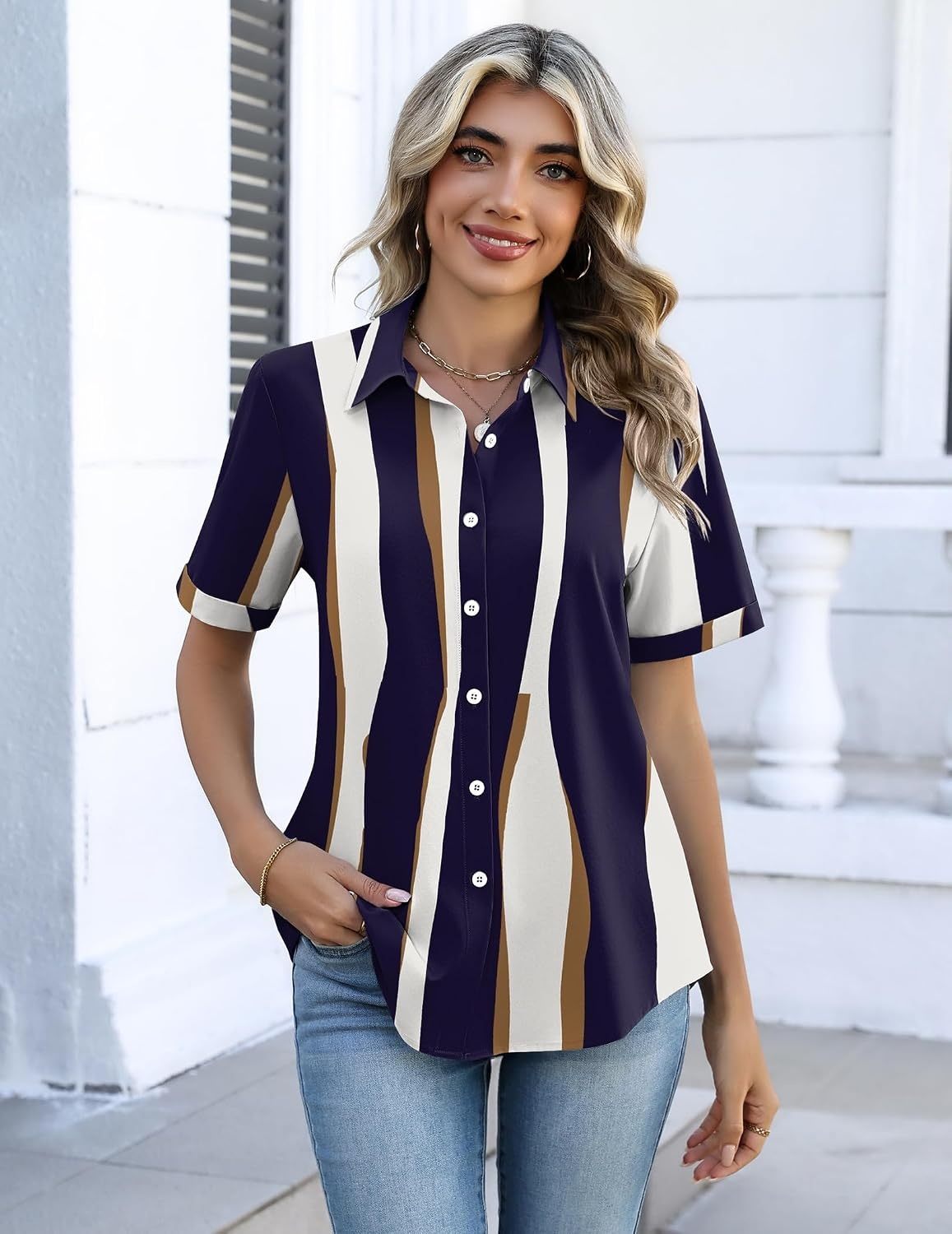 image:imageZeagoo Button Down Shirts for Women Short Sleeve Tops Dressy Casual BlousesCx327graphics