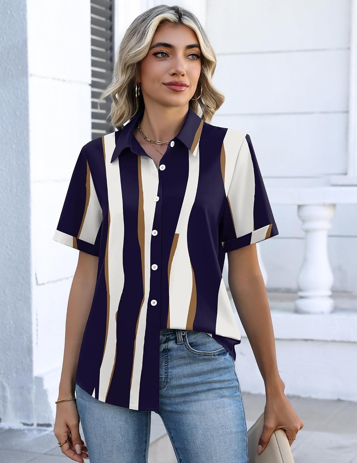 image:imageZeagoo Button Down Shirts for Women Short Sleeve Tops Dressy Casual BlousesCx327graphics