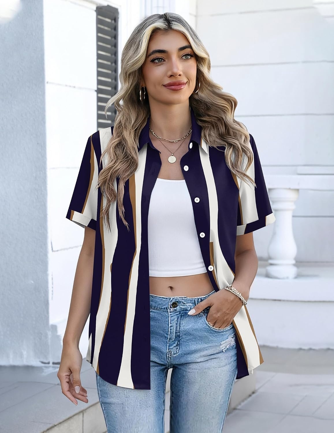 image:imageZeagoo Button Down Shirts for Women Short Sleeve Tops Dressy Casual BlousesCx327graphics