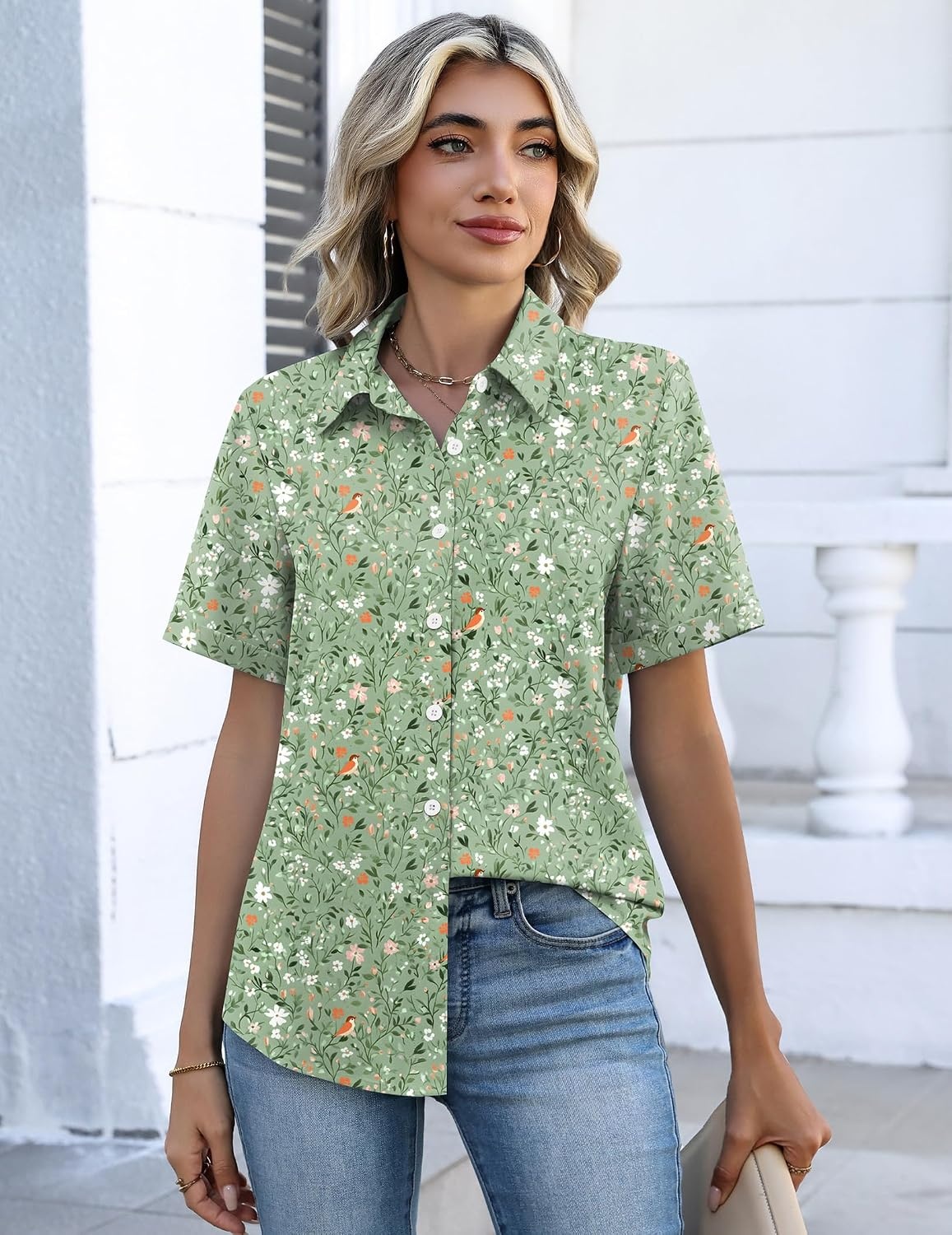 image:imageZeagoo Button Down Shirts for Women Short Sleeve Tops Dressy Casual BlousesGreen Florals