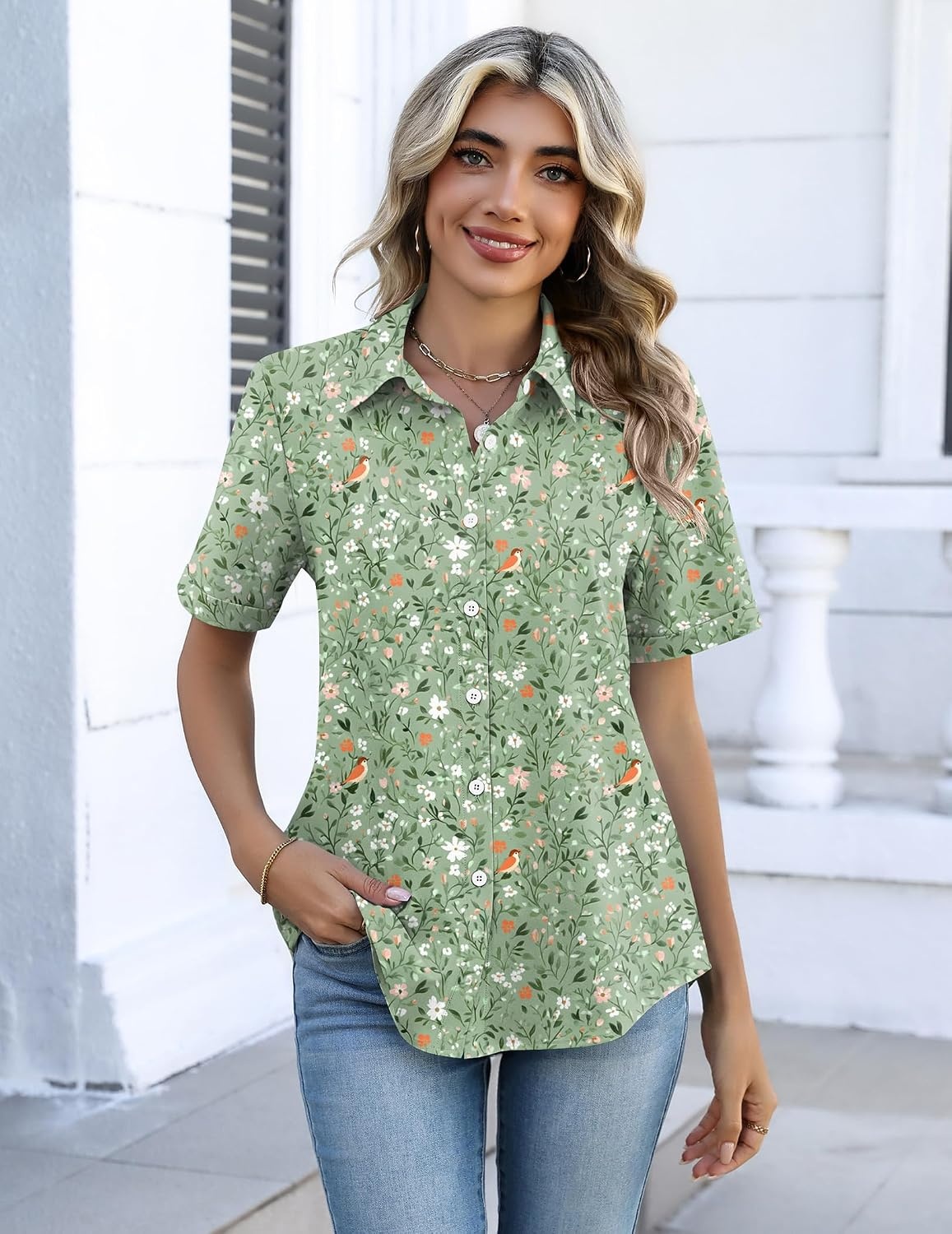 image:imageZeagoo Button Down Shirts for Women Short Sleeve Tops Dressy Casual BlousesGreen Florals