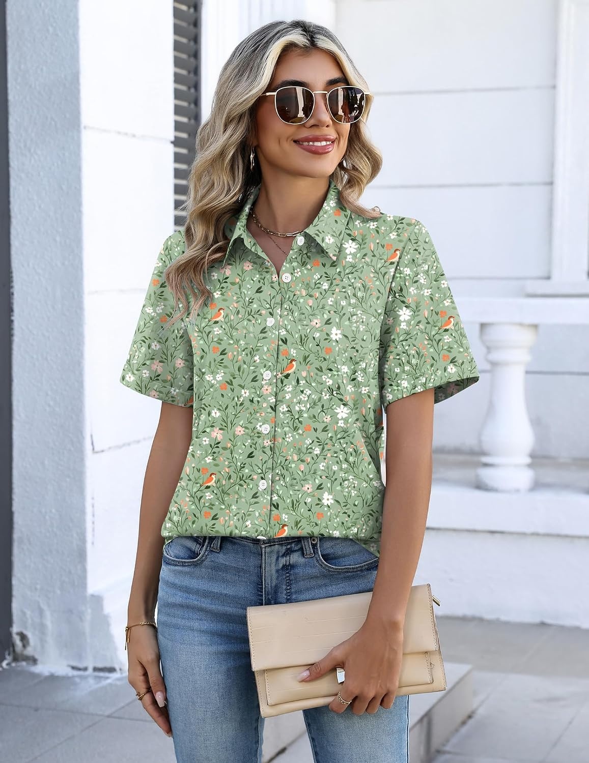 image:imageZeagoo Button Down Shirts for Women Short Sleeve Tops Dressy Casual BlousesGreen Florals
