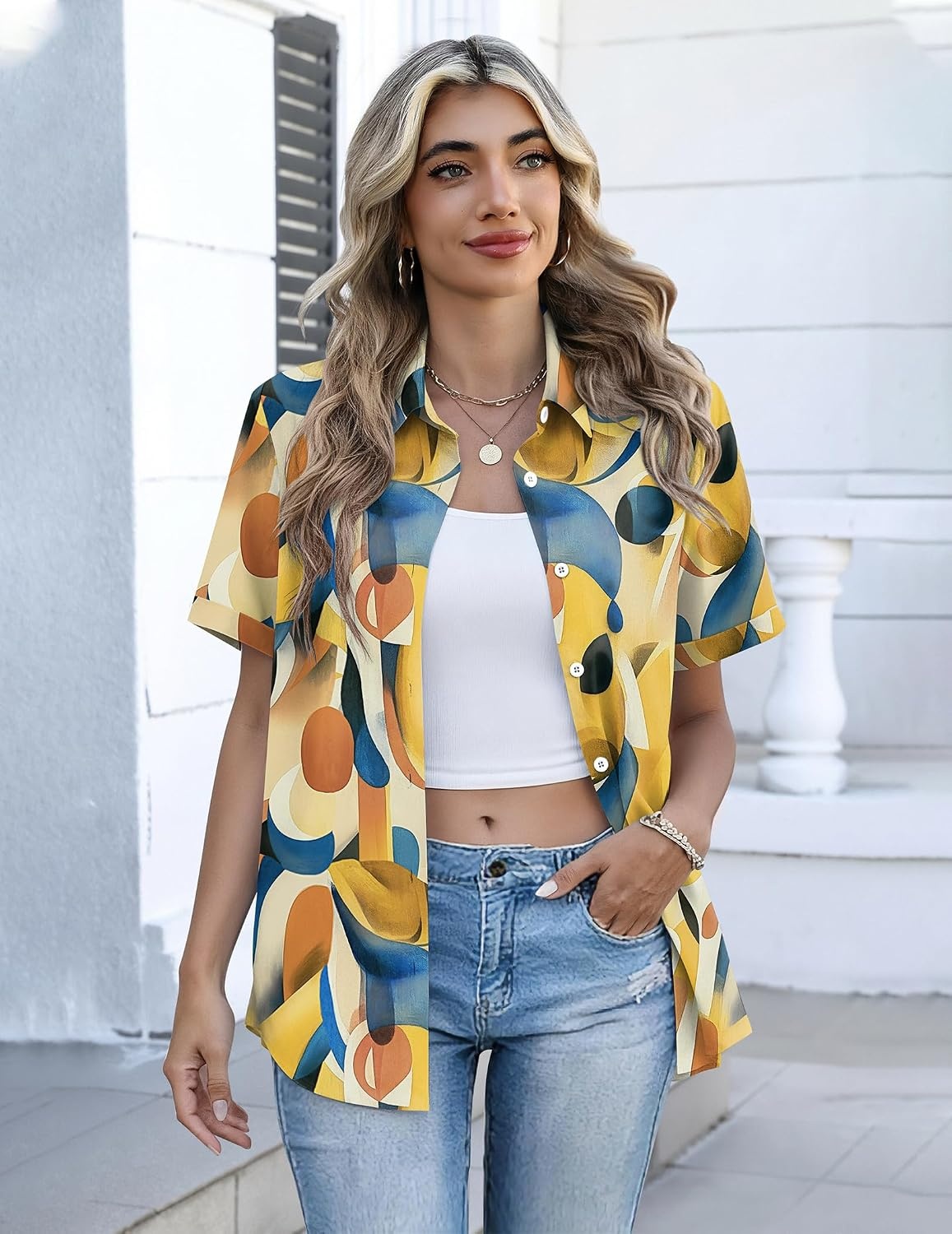 image:imageZeagoo Button Down Shirts for Women Short Sleeve Tops Dressy Casual BlousesJh579multicolored