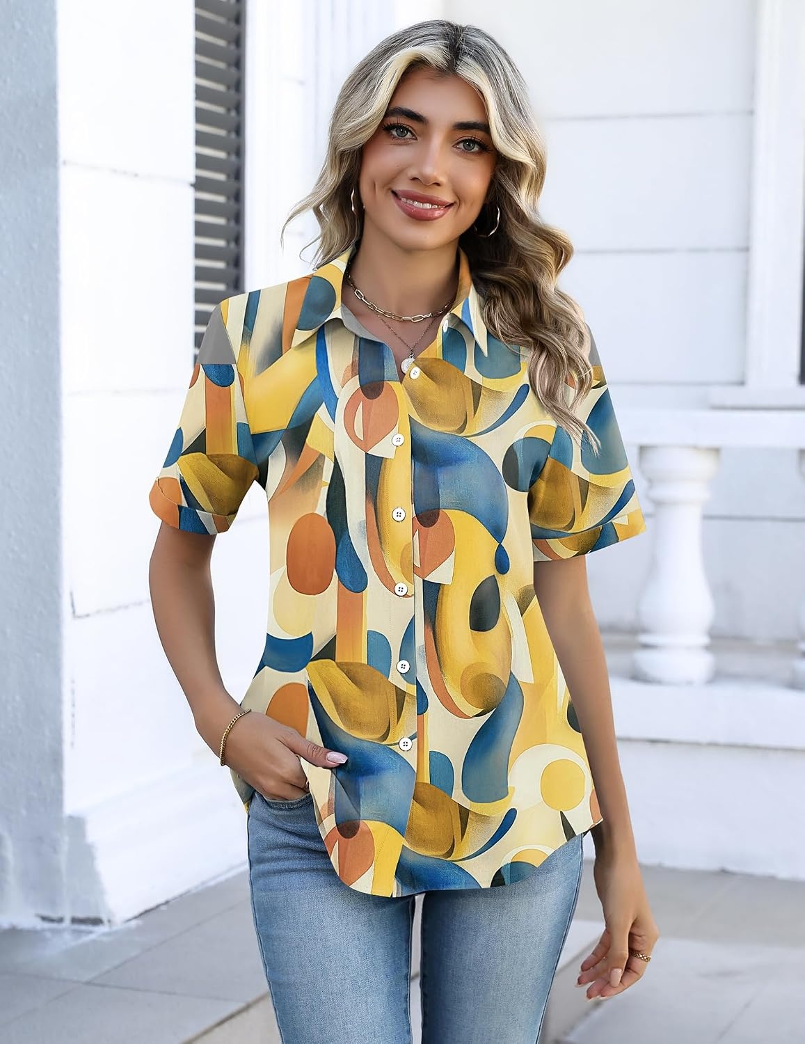 image:imageZeagoo Button Down Shirts for Women Short Sleeve Tops Dressy Casual BlousesJh579multicolored