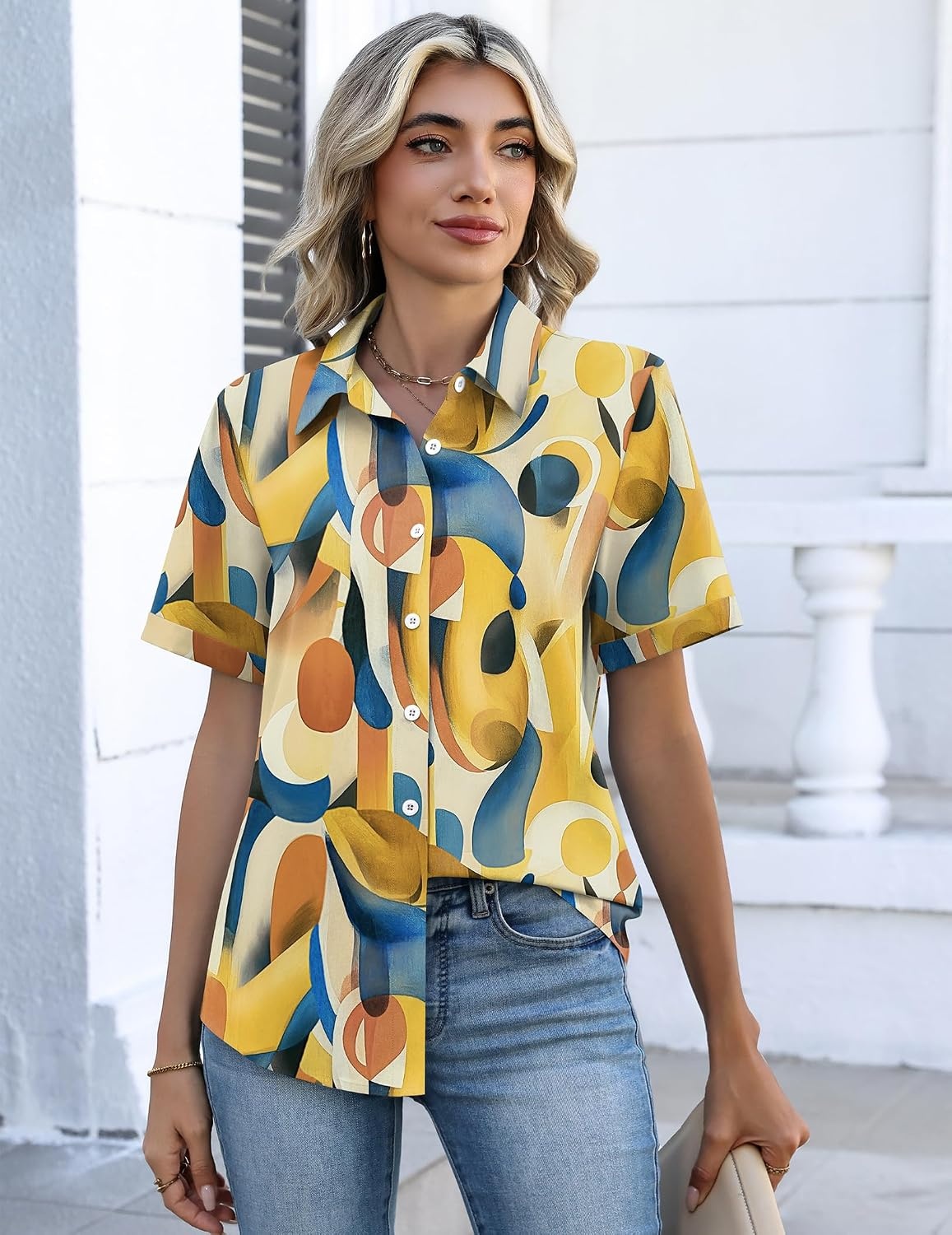 image:imageZeagoo Button Down Shirts for Women Short Sleeve Tops Dressy Casual BlousesJh579multicolored