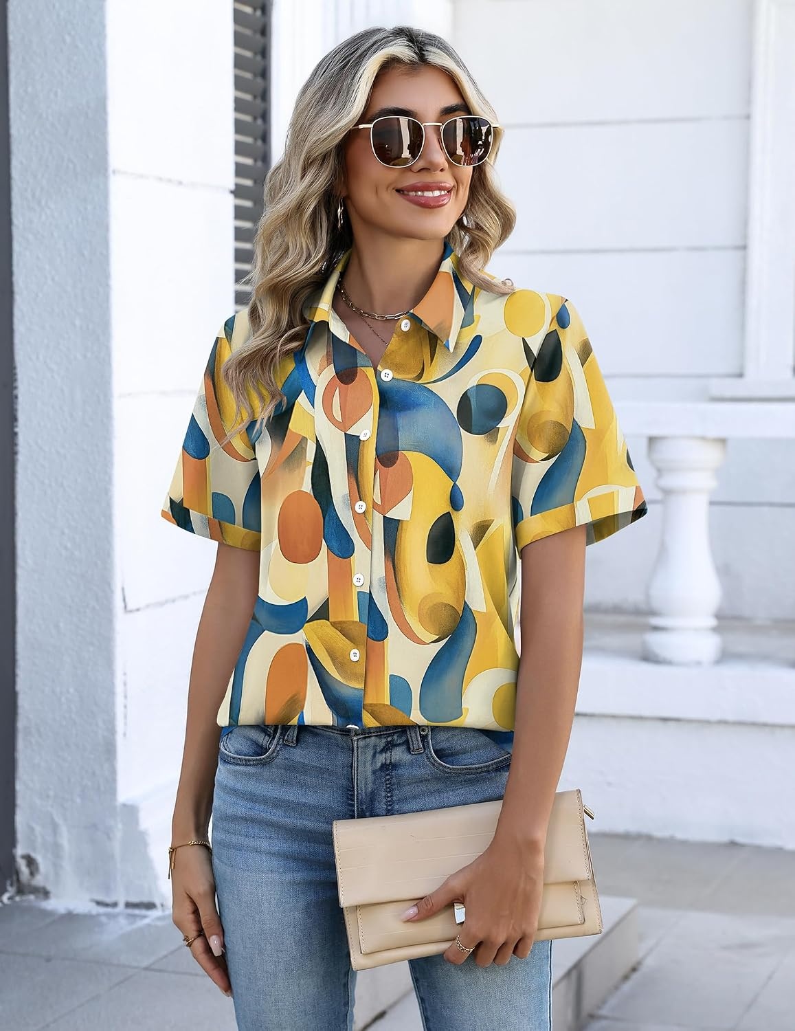 image:imageZeagoo Button Down Shirts for Women Short Sleeve Tops Dressy Casual BlousesJh579multicolored