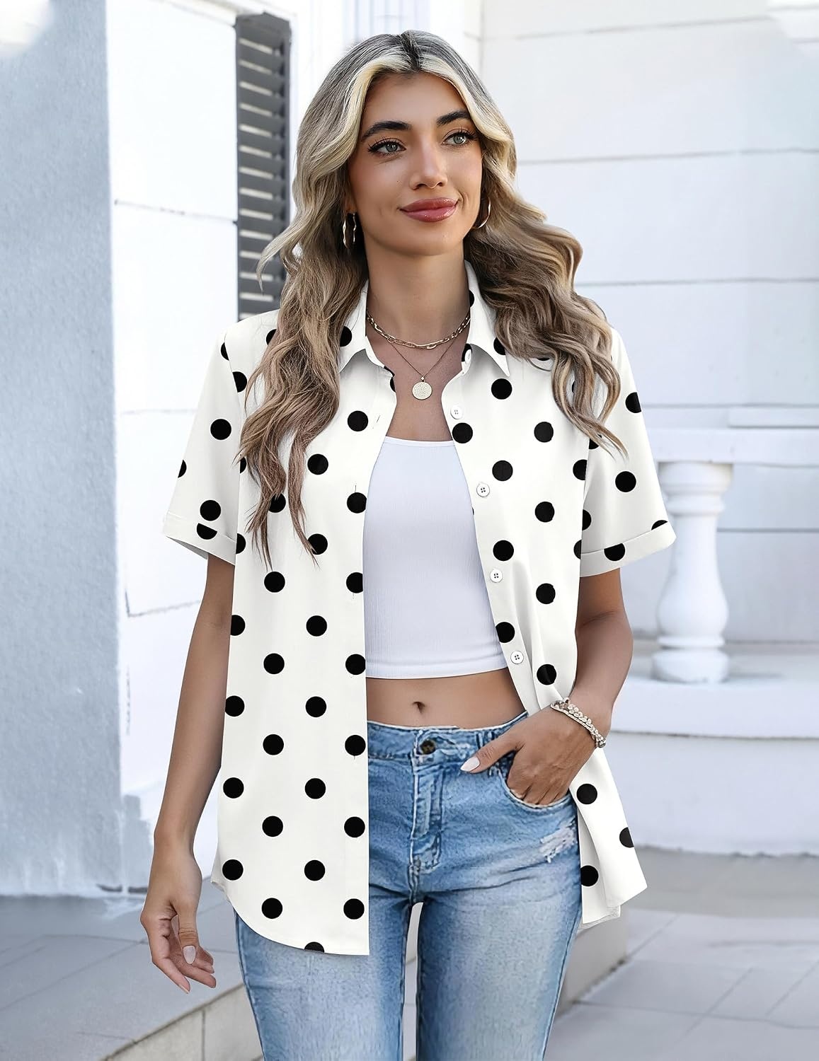 image:imageZeagoo Button Down Shirts for Women Short Sleeve Tops Dressy Casual BlousesJh592 Polka Dots