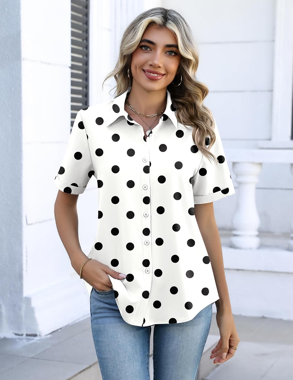 image:imageZeagoo Button Down Shirts for Women Short Sleeve Tops Dressy Casual BlousesJh592 Polka Dots