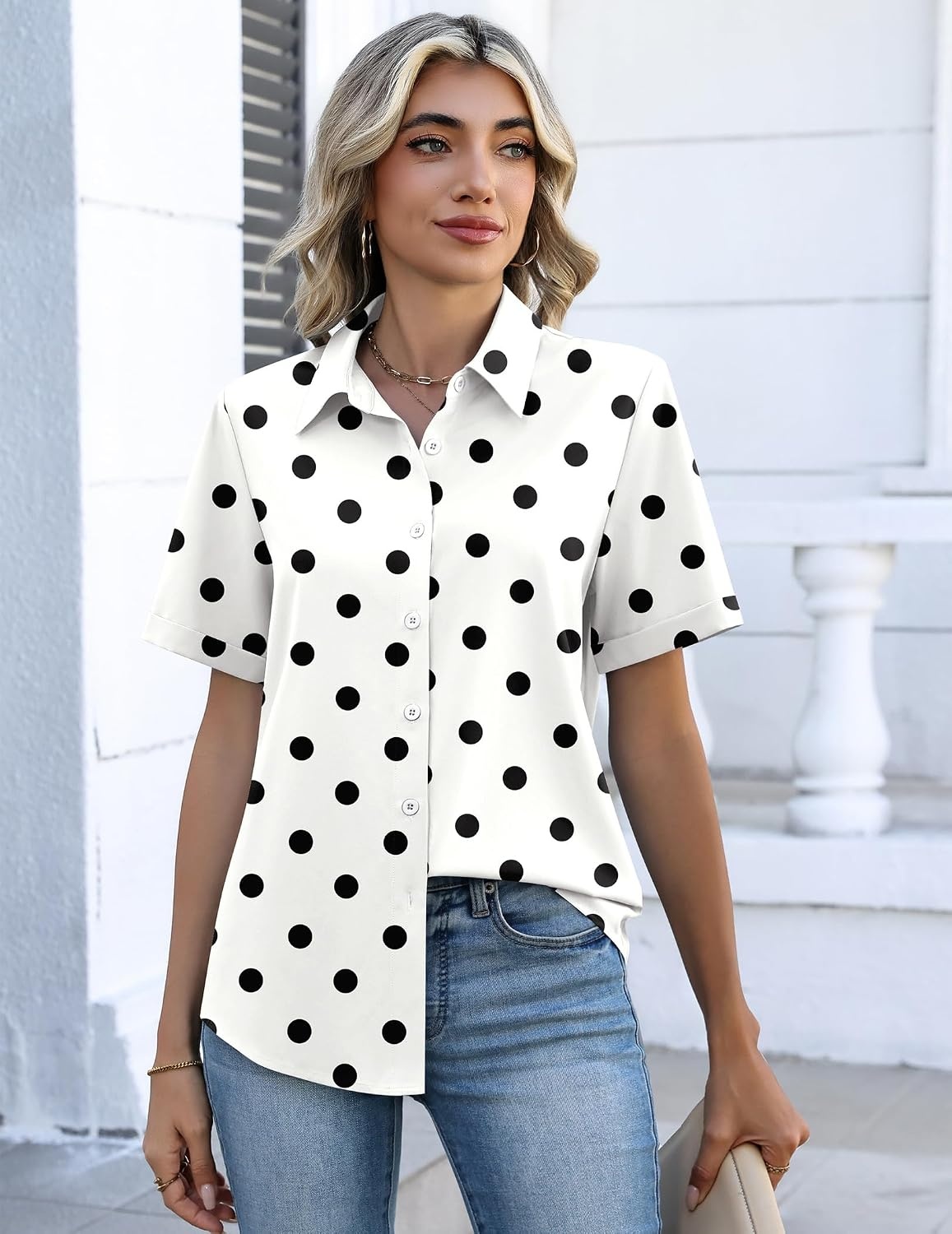 image:imageZeagoo Button Down Shirts for Women Short Sleeve Tops Dressy Casual BlousesJh592 Polka Dots