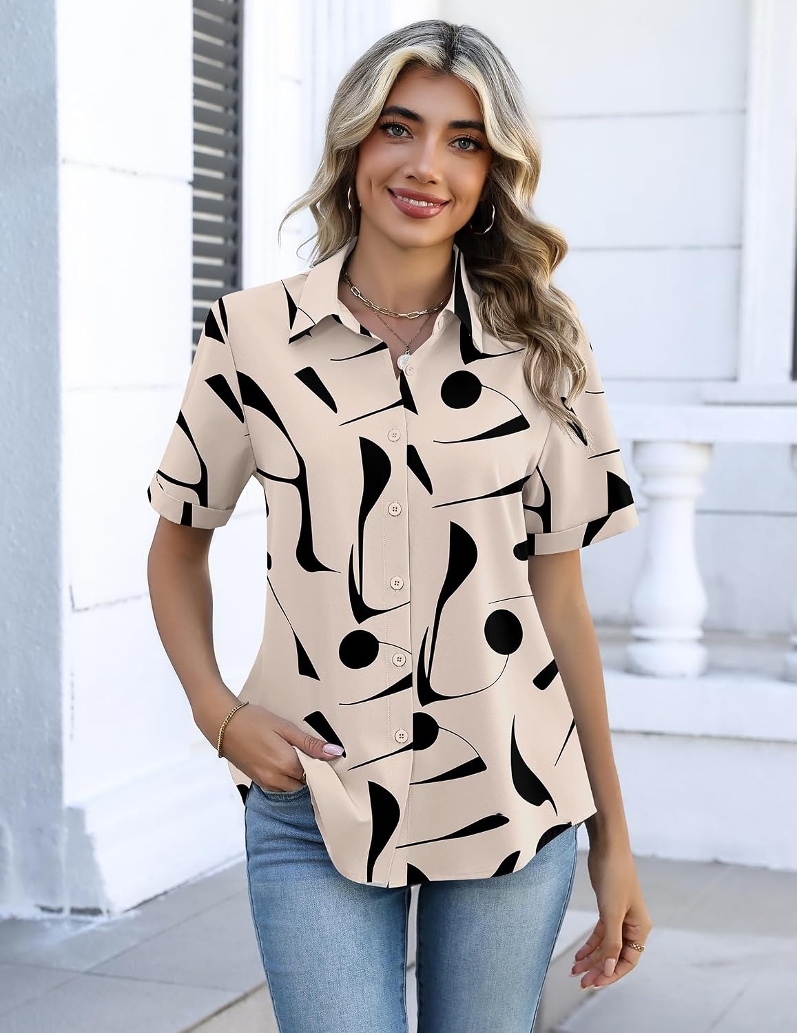 image:imageZeagoo Button Down Shirts for Women Short Sleeve Tops Dressy Casual BlousesJh602light Khaki