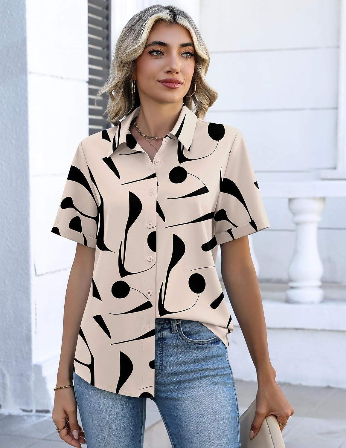 image:imageZeagoo Button Down Shirts for Women Short Sleeve Tops Dressy Casual BlousesJh602light Khaki