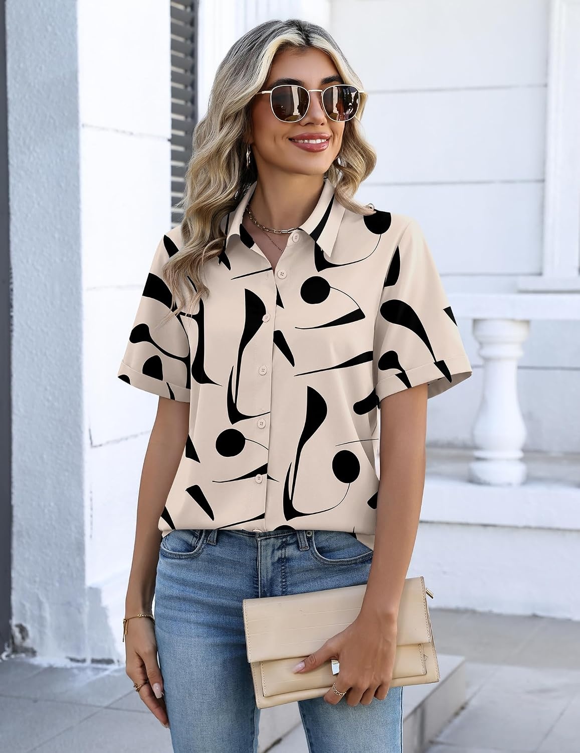 image:imageZeagoo Button Down Shirts for Women Short Sleeve Tops Dressy Casual BlousesJh602light Khaki