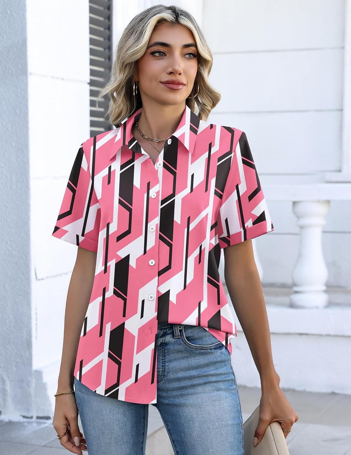 image:imageZeagoo Button Down Shirts for Women Short Sleeve Tops Dressy Casual BlousesJh603pink