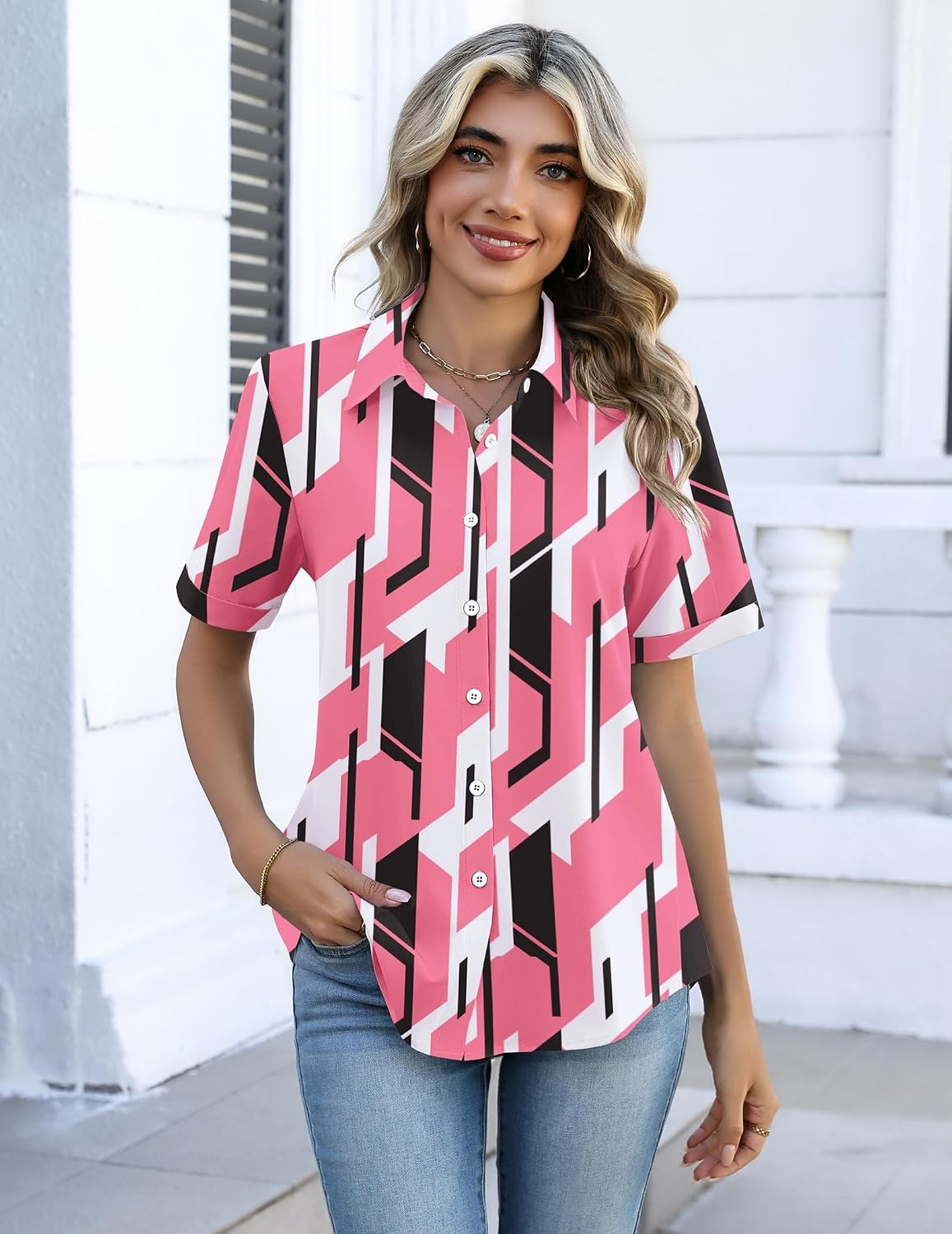 image:imageZeagoo Button Down Shirts for Women Short Sleeve Tops Dressy Casual BlousesJh603pink