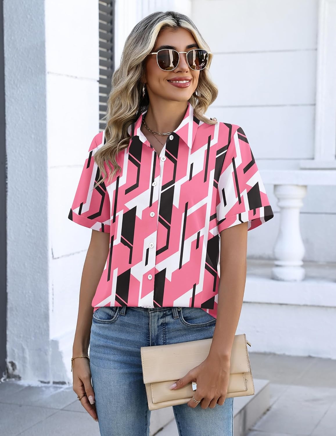 image:imageZeagoo Button Down Shirts for Women Short Sleeve Tops Dressy Casual BlousesJh603pink