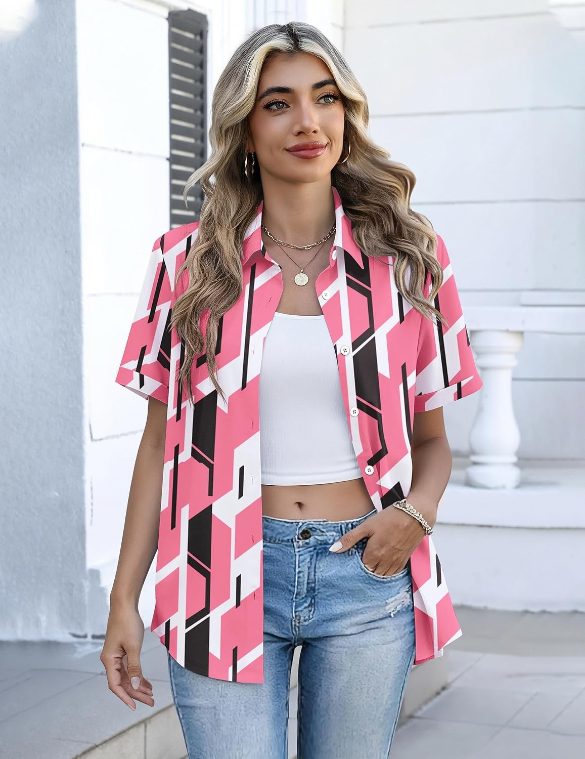 image:imageZeagoo Button Down Shirts for Women Short Sleeve Tops Dressy Casual BlousesJh603pink