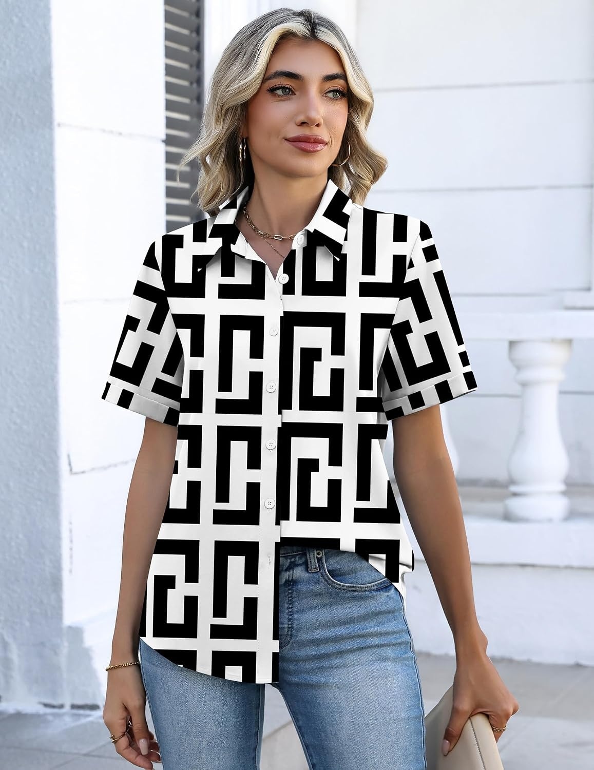 image:imageZeagoo Button Down Shirts for Women Short Sleeve Tops Dressy Casual BlousesJh608 Geometry