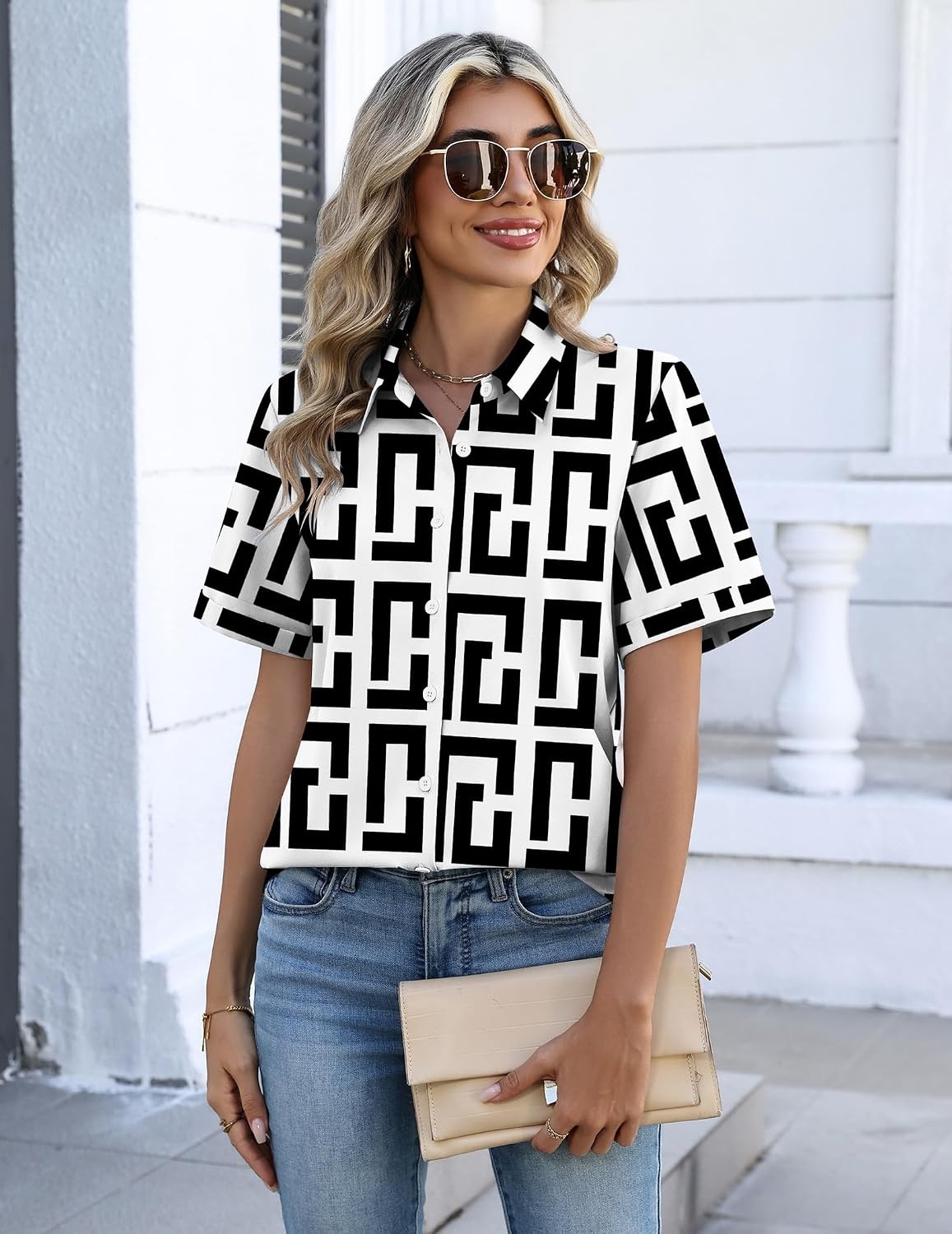image:imageZeagoo Button Down Shirts for Women Short Sleeve Tops Dressy Casual BlousesJh608 Geometry
