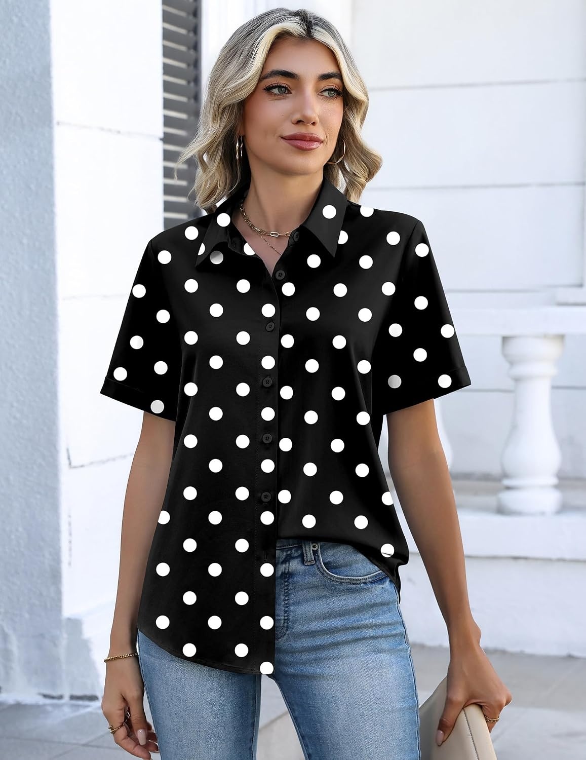 image:imageZeagoo Button Down Shirts for Women Short Sleeve Tops Dressy Casual BlousesJh696 Polka Dot