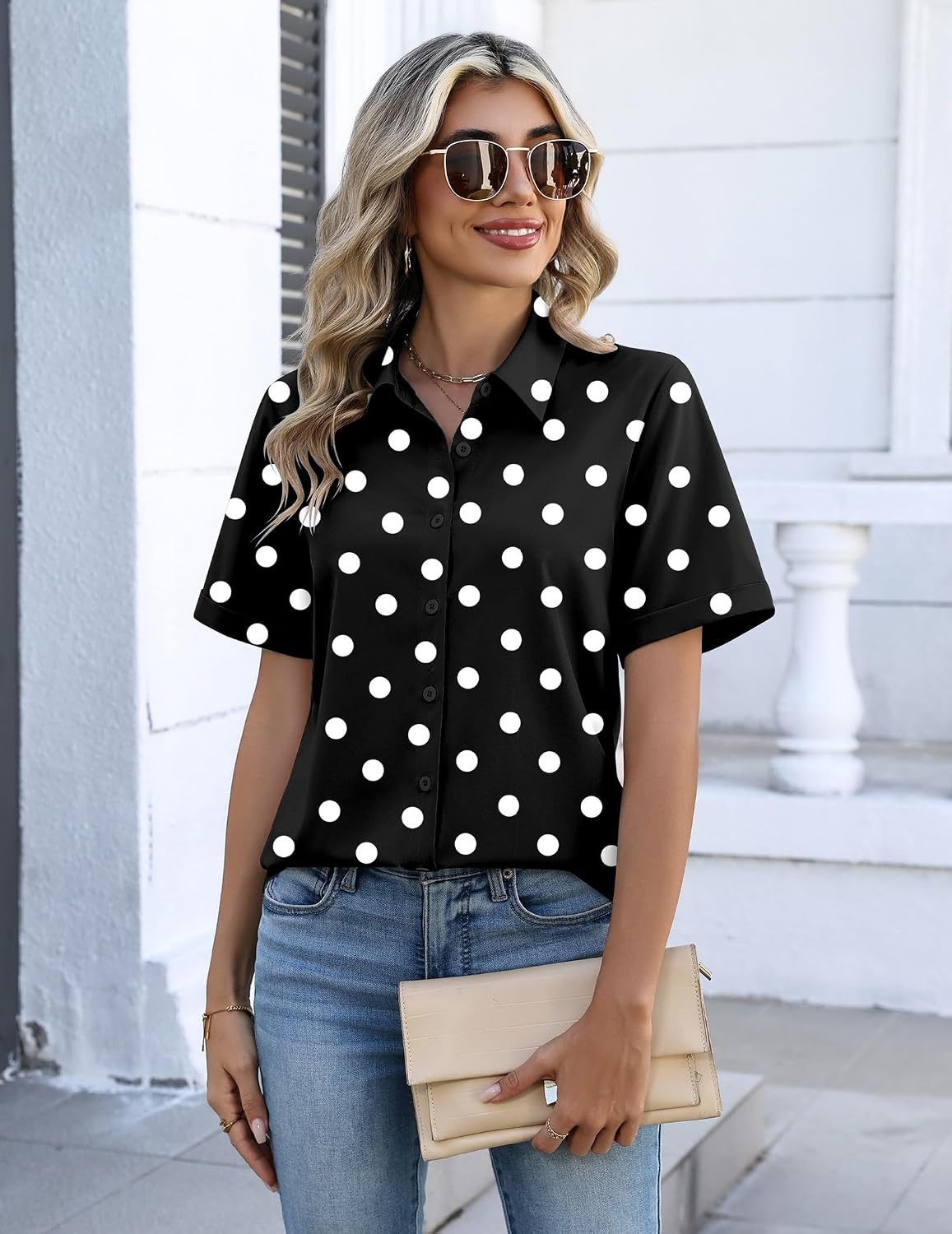 image:imageZeagoo Button Down Shirts for Women Short Sleeve Tops Dressy Casual BlousesJh696 Polka Dot